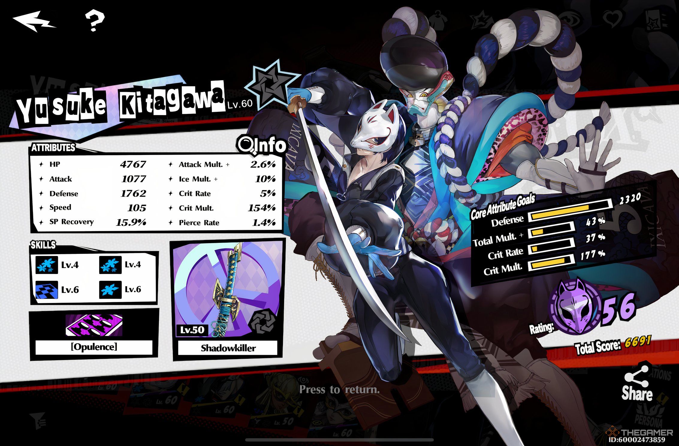 Yusuke's character page showing all of his stats, cards and weapon stats in Persona 5: The Phantom X.