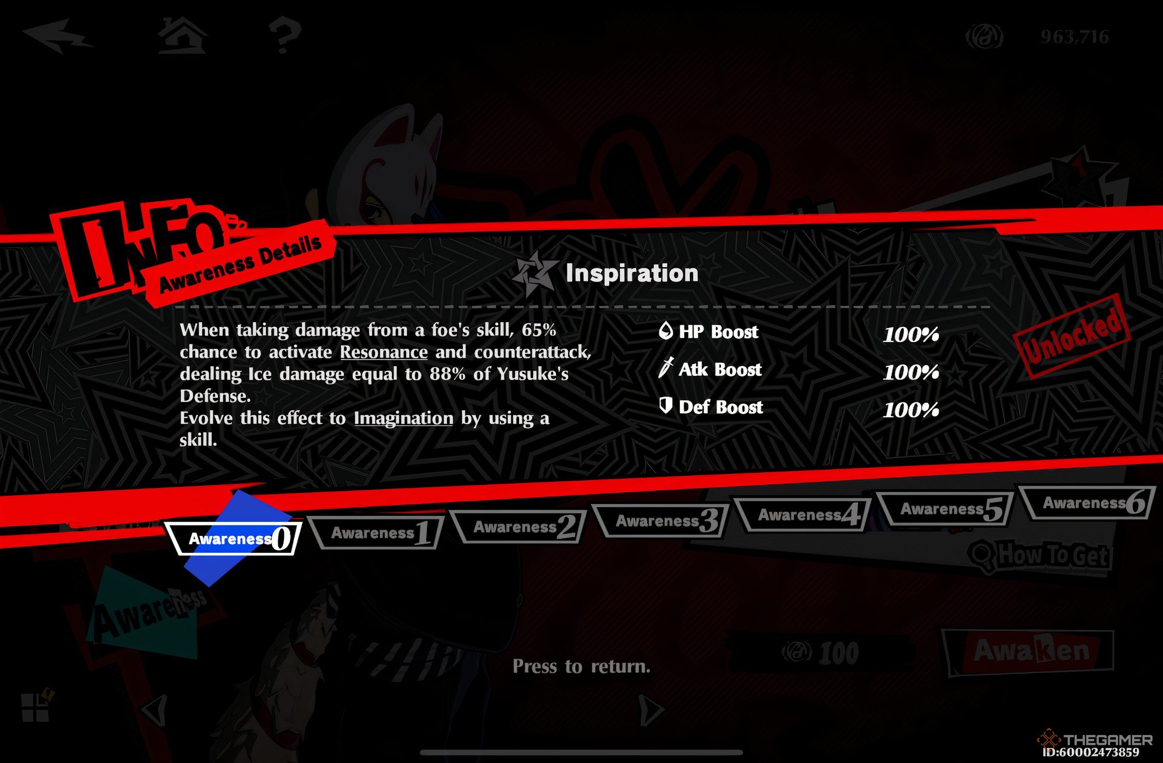 Yusuke's awareness screen in Persona 5:The Phantom X. 