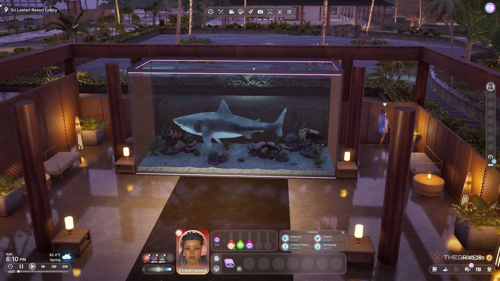 inZOI A great white shark in a lobby fish tank.