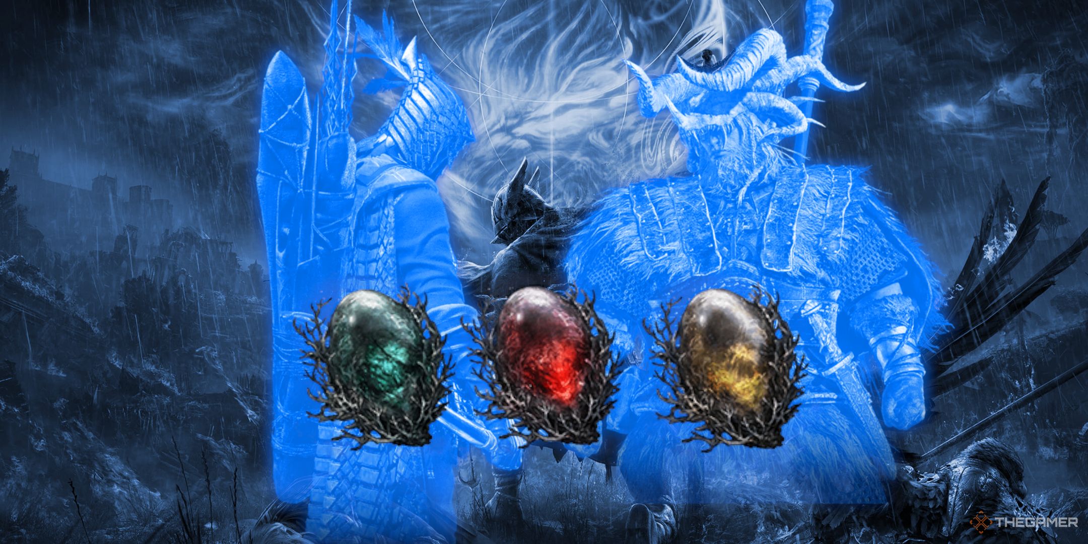 Ironeye and Raider colorized blue with three relics in front of them.