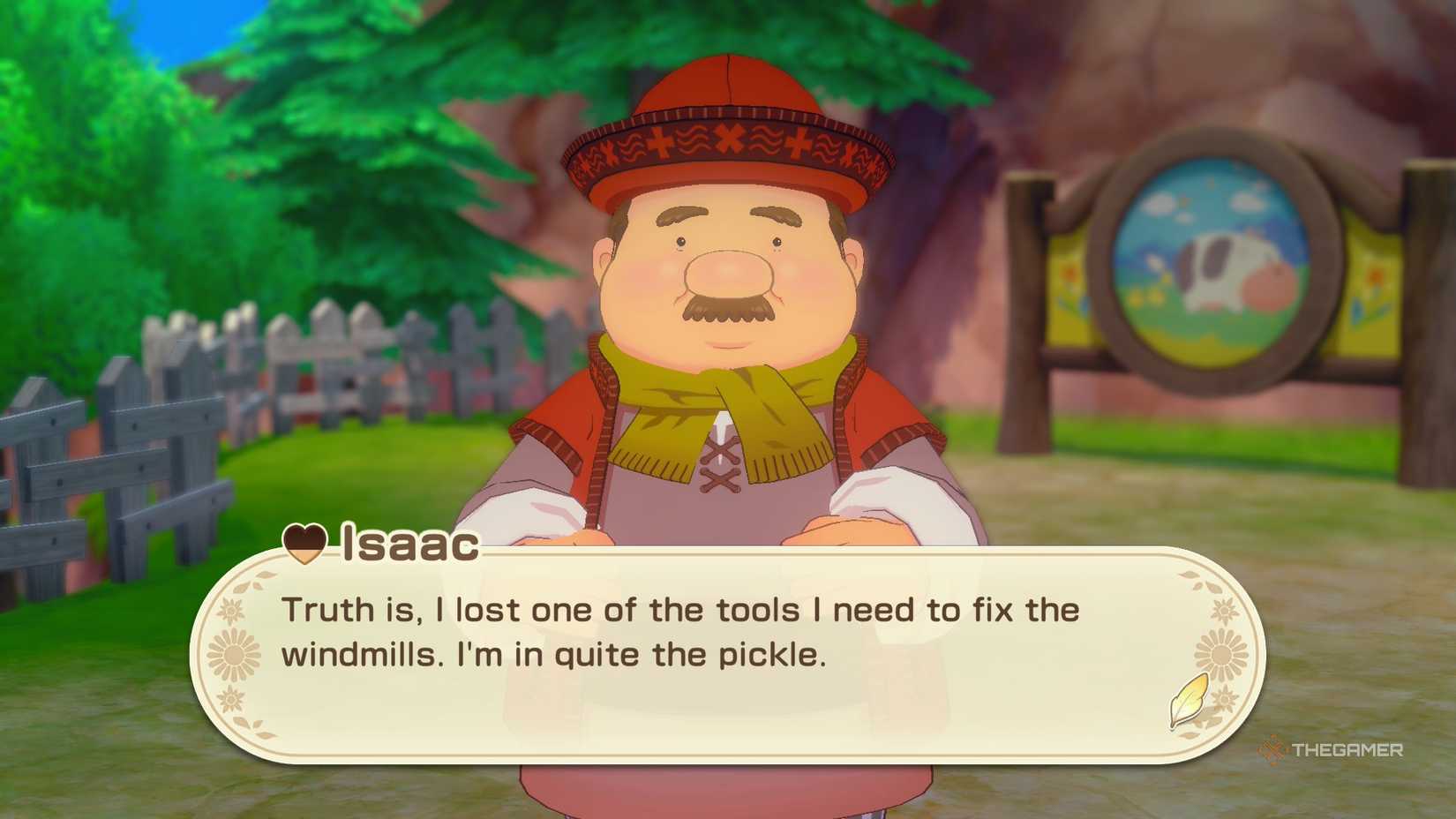 Isaac talking about his lost tool in Story of Seasons Grand Bazaar.