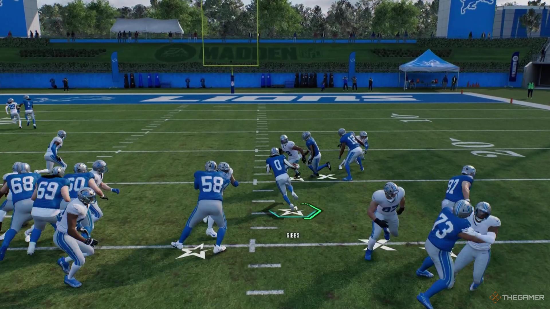Jahmyr Gibbs runs through a hole in Madden NFL 26.