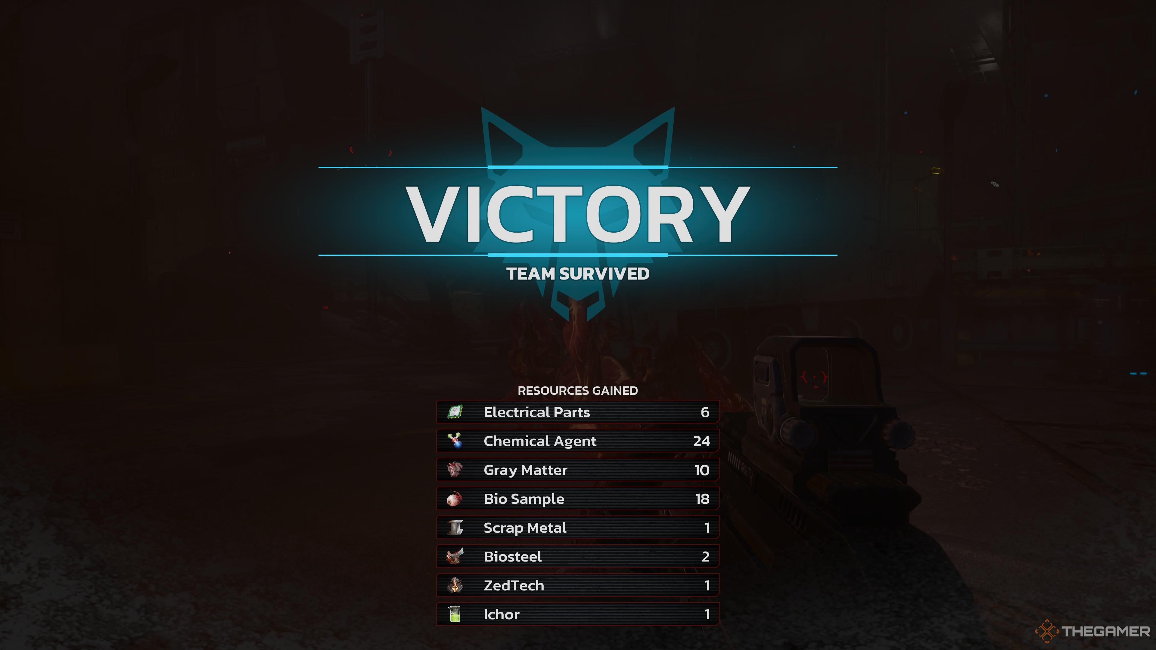 The victory screen and all the resources a player earned in Killing Floor 3.