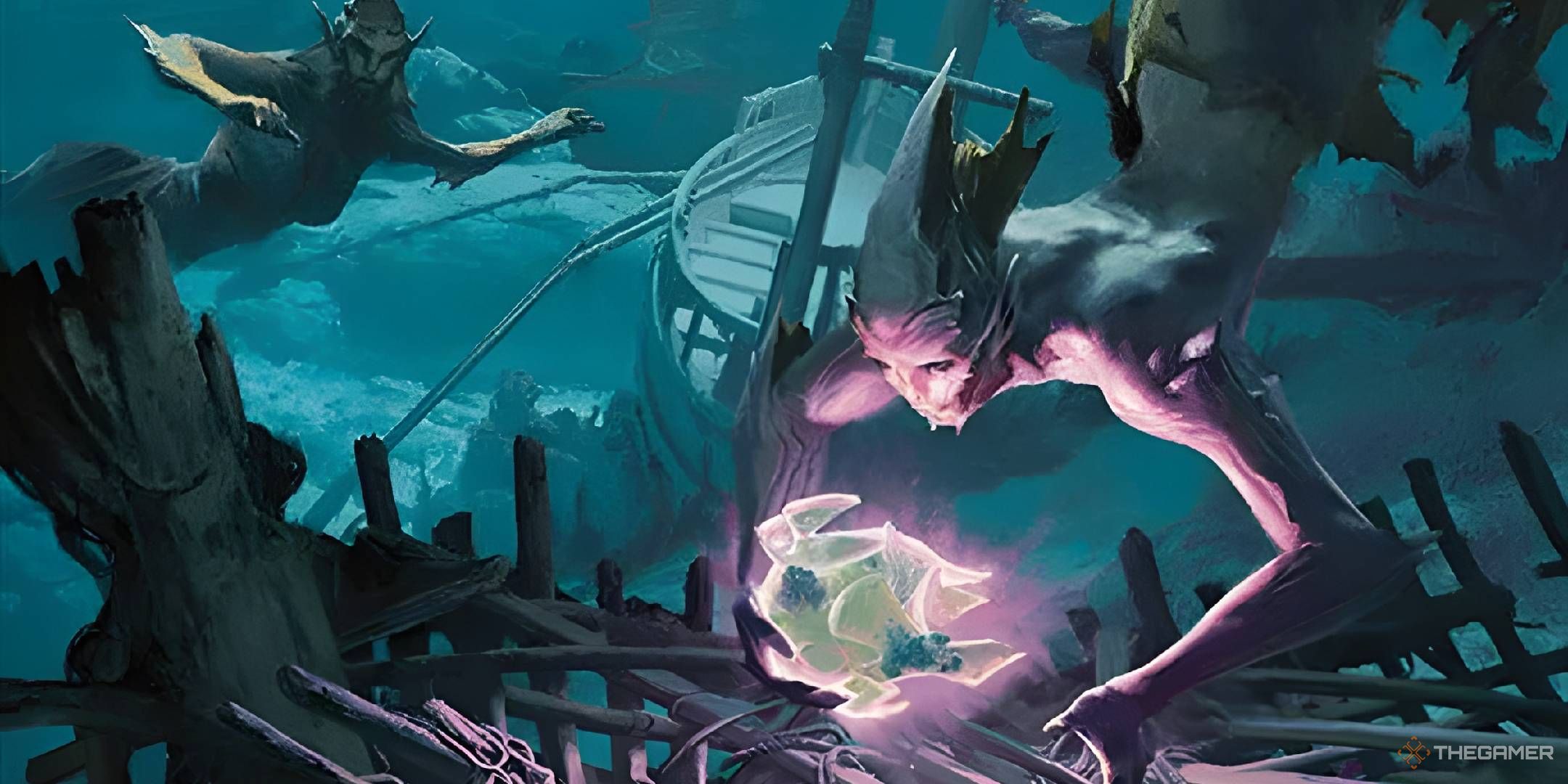 A Merfolk uncovers a glowing relic from a wrecked ship.