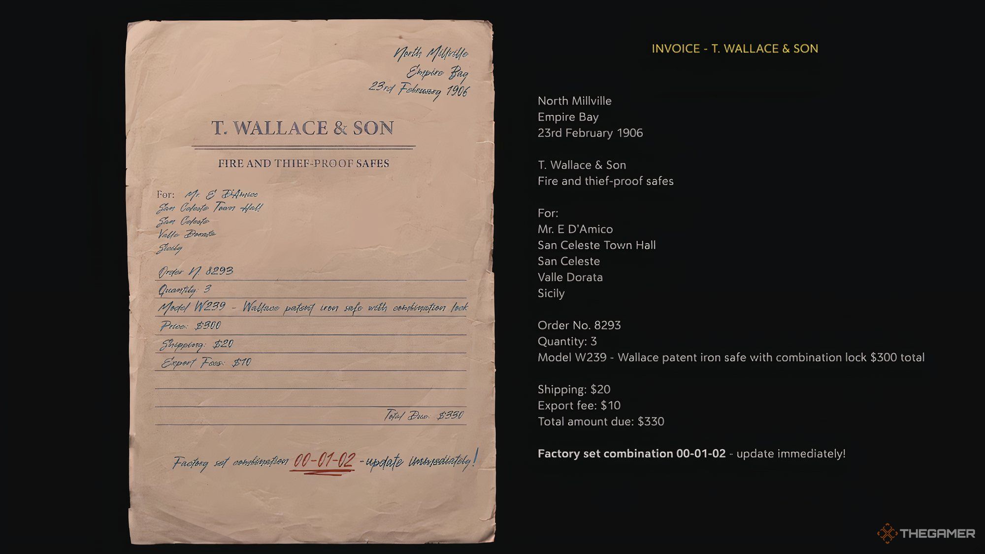 Mafia the Old Country note invoice showing the combination to a nearby safe