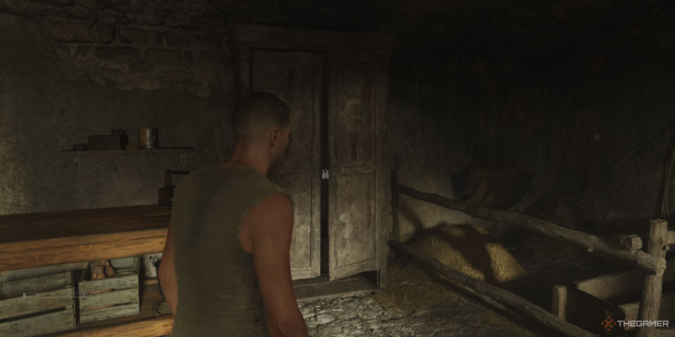 enzo approaches the dresser to change out of his carusu clothes in mafia: the old country.