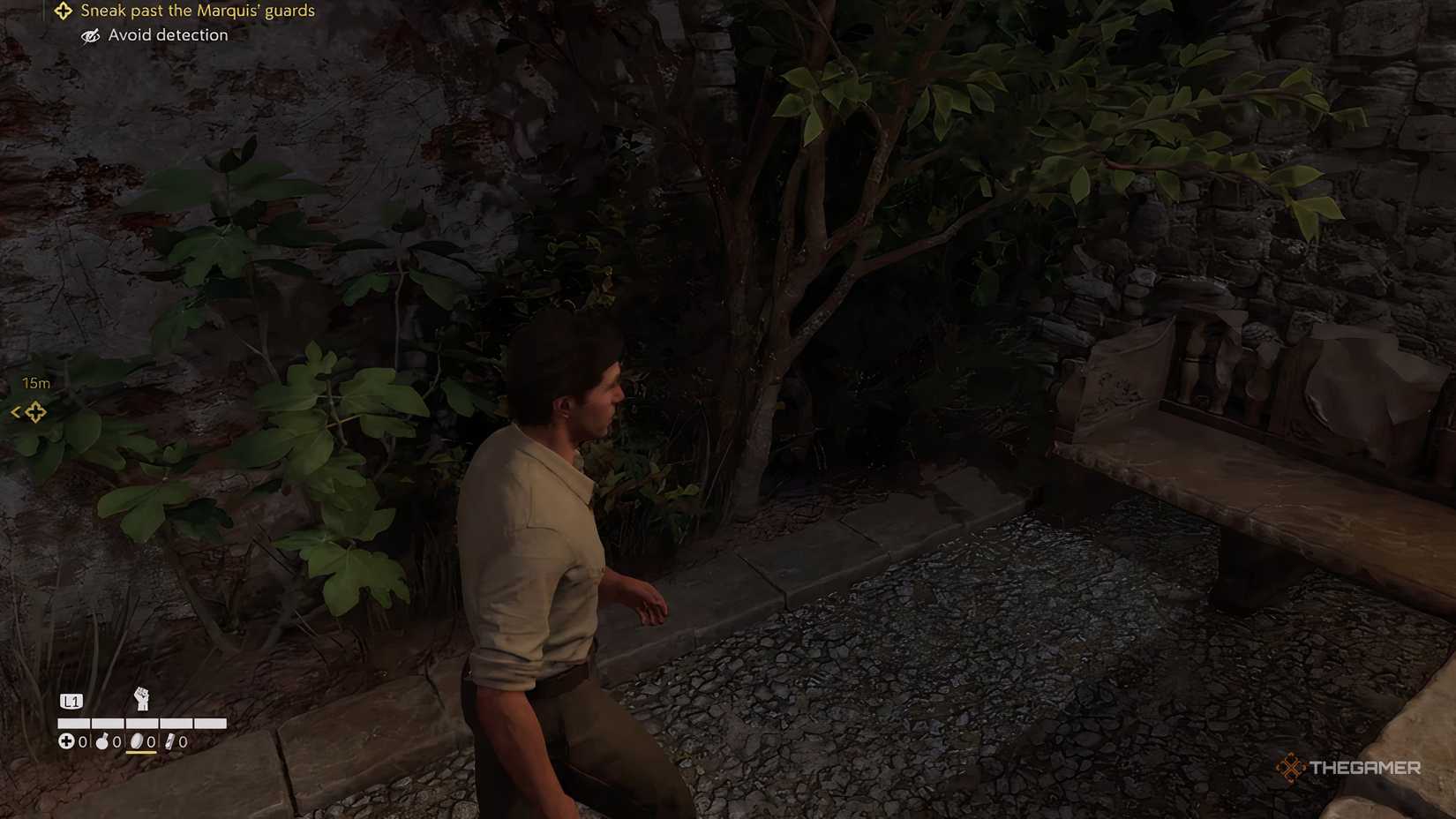 Enzo outside near bushes in Mafia The Old Country.