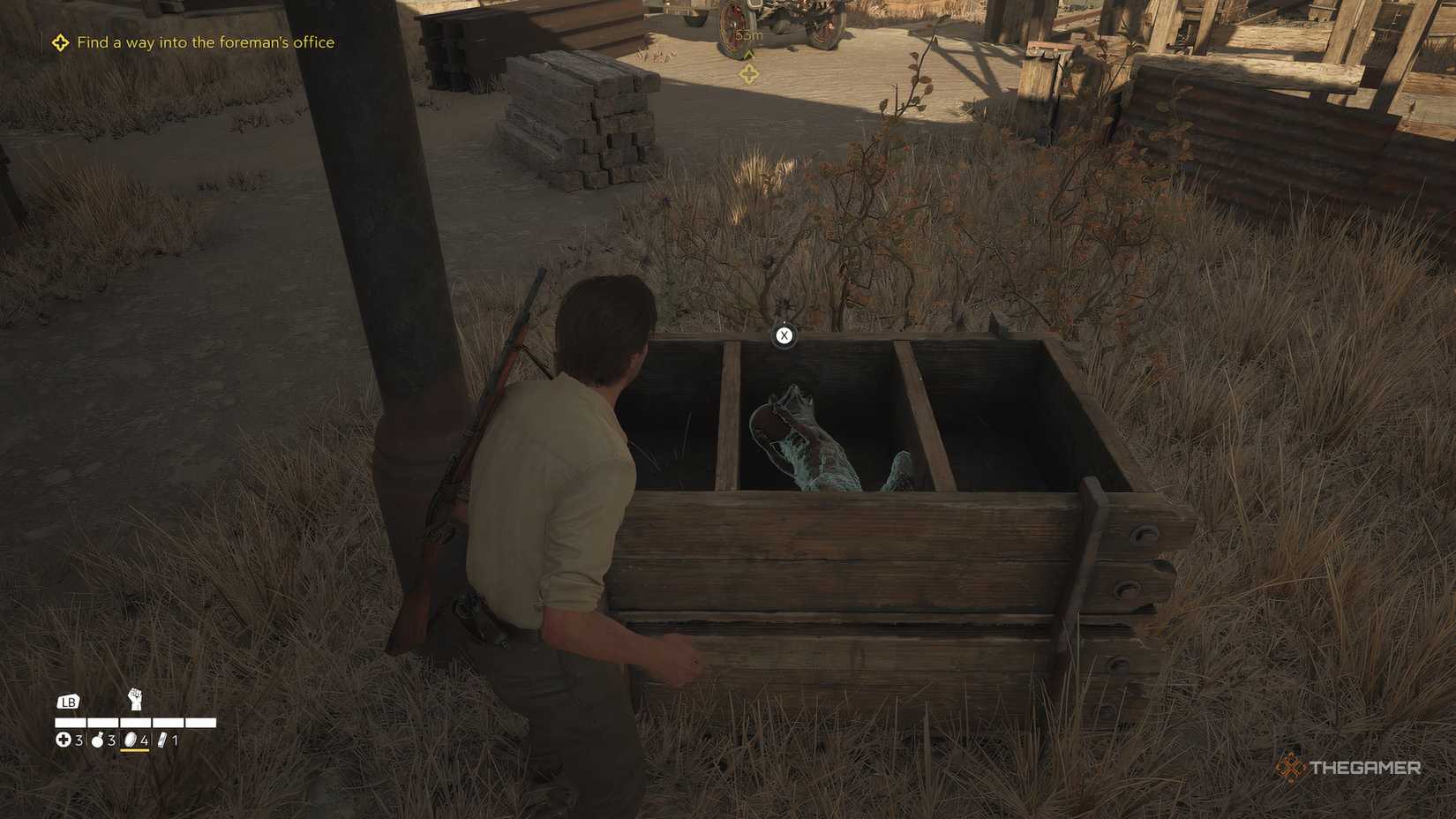 Enzo looking at a Mystery Fox in a box in Mafia The Old Country.