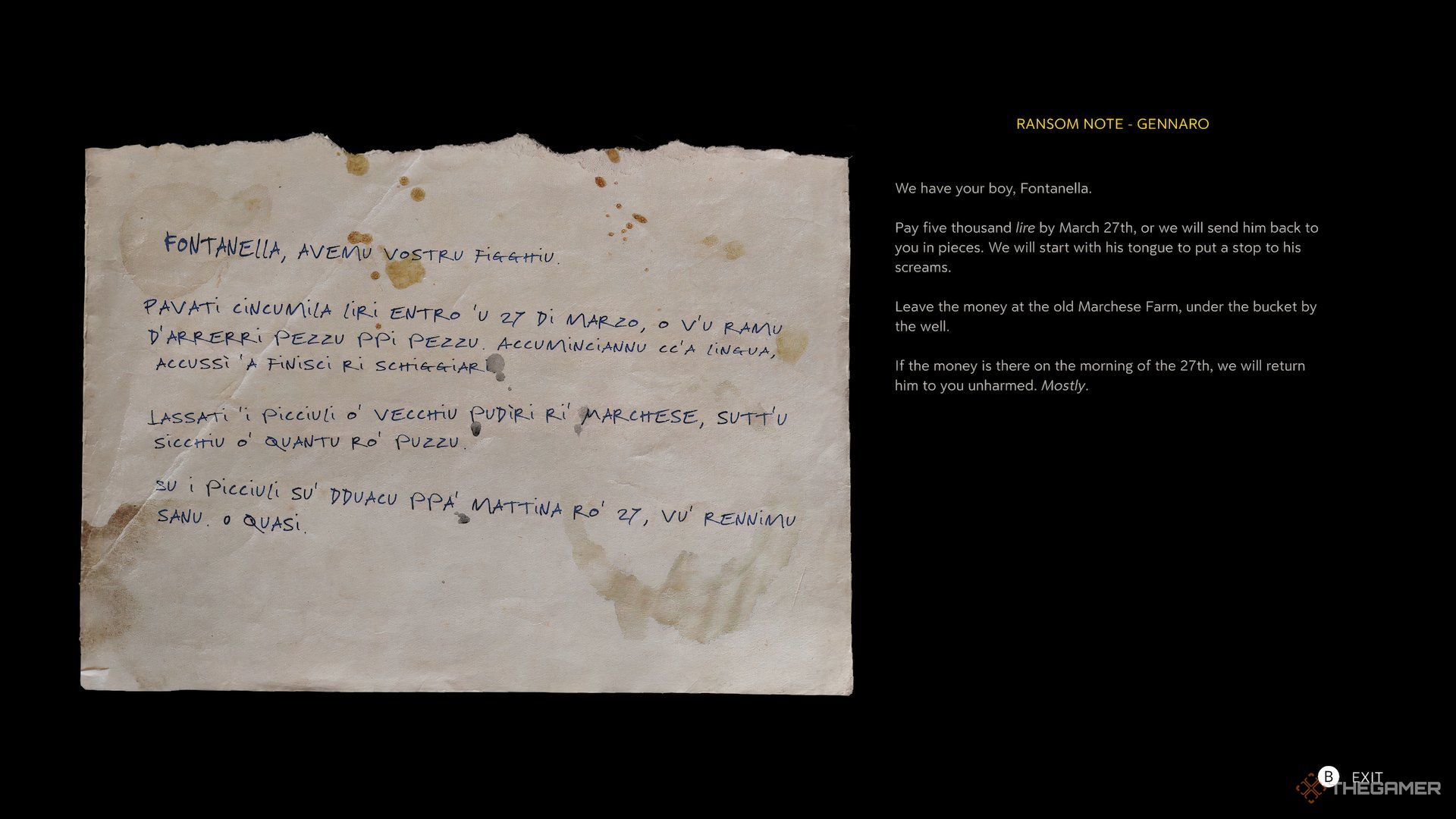 Mafia The Old Country ransom note.