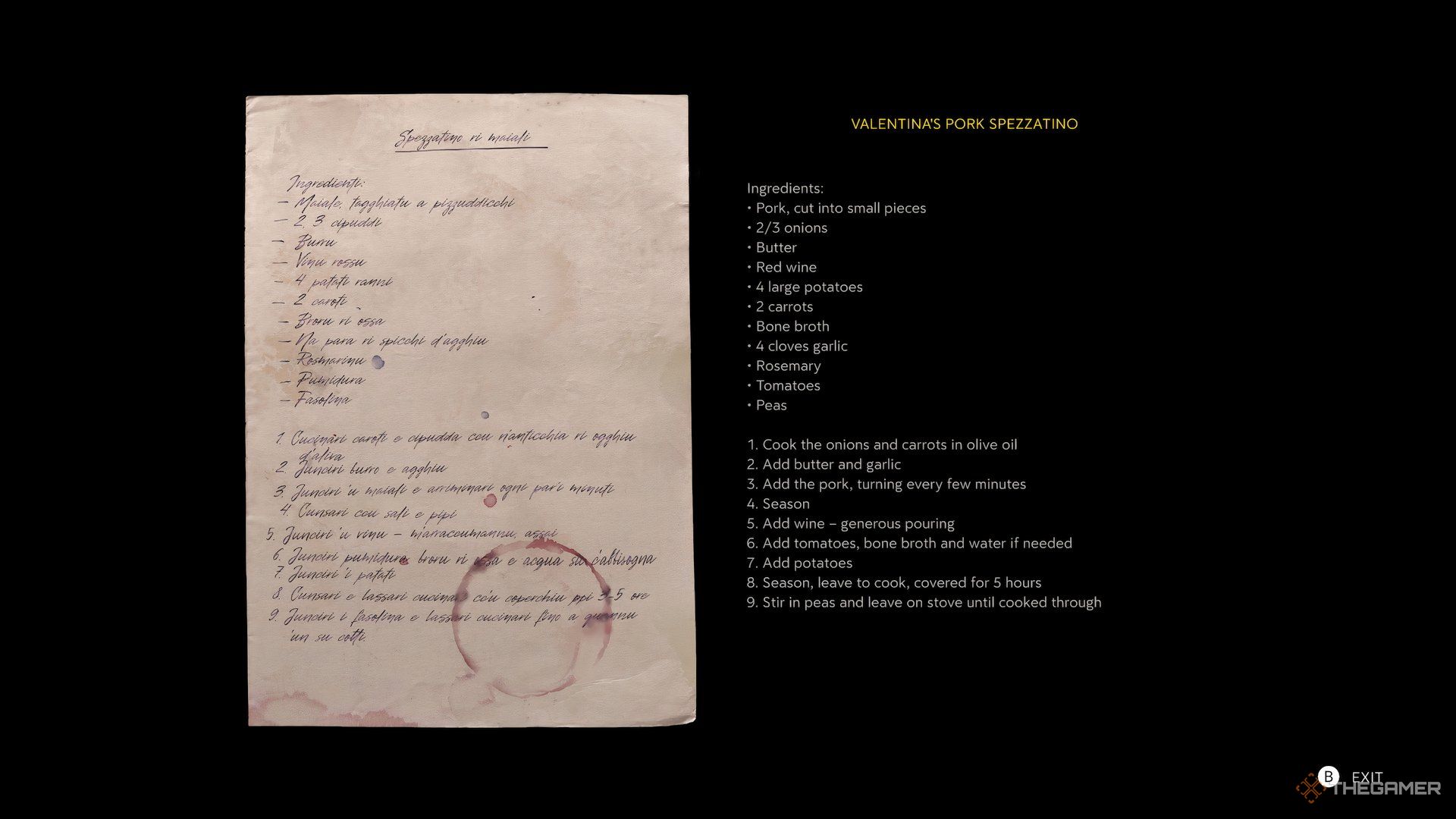 A recipe for pork spezzatino in Mafia: The Old Country.