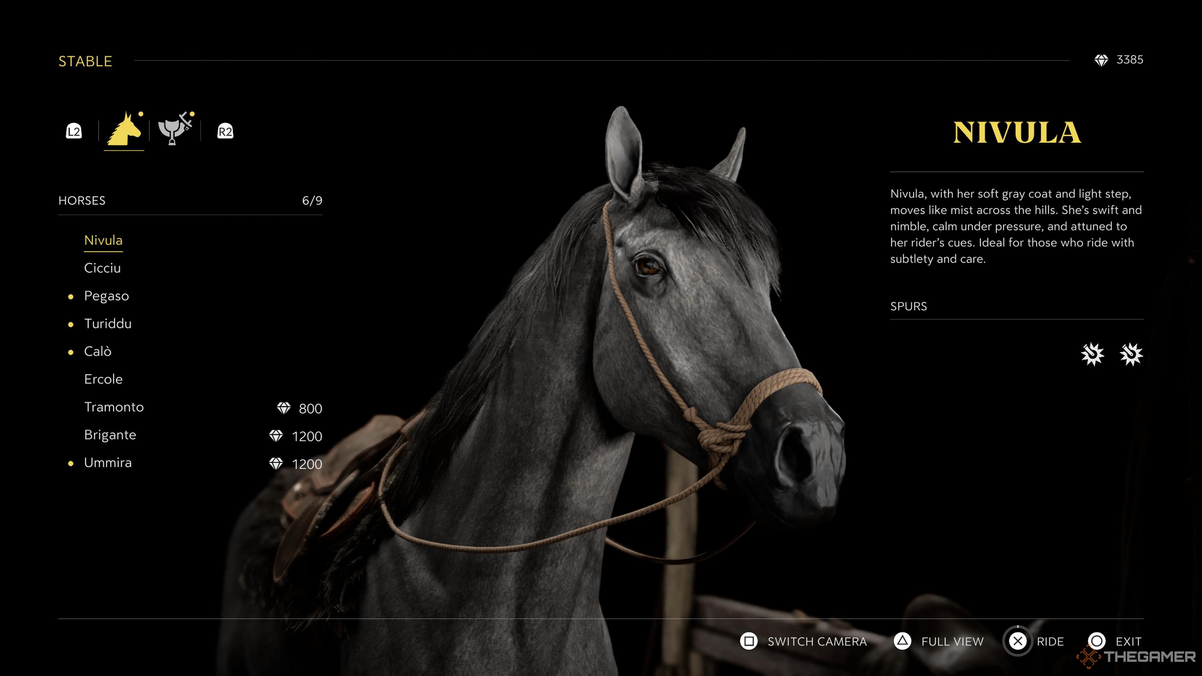nivula is selected on the horse menu in mafia: the old country.
