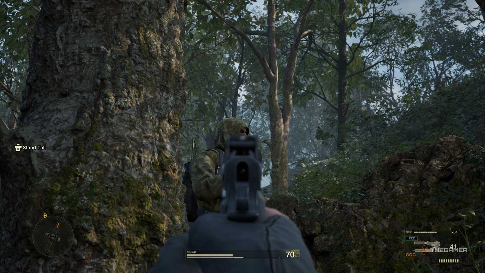 Naked Snake lining up a headshot with his Mk22 suppressed tranquilizer pistol in Metal Gear Solid Delta: Snake Eater.
