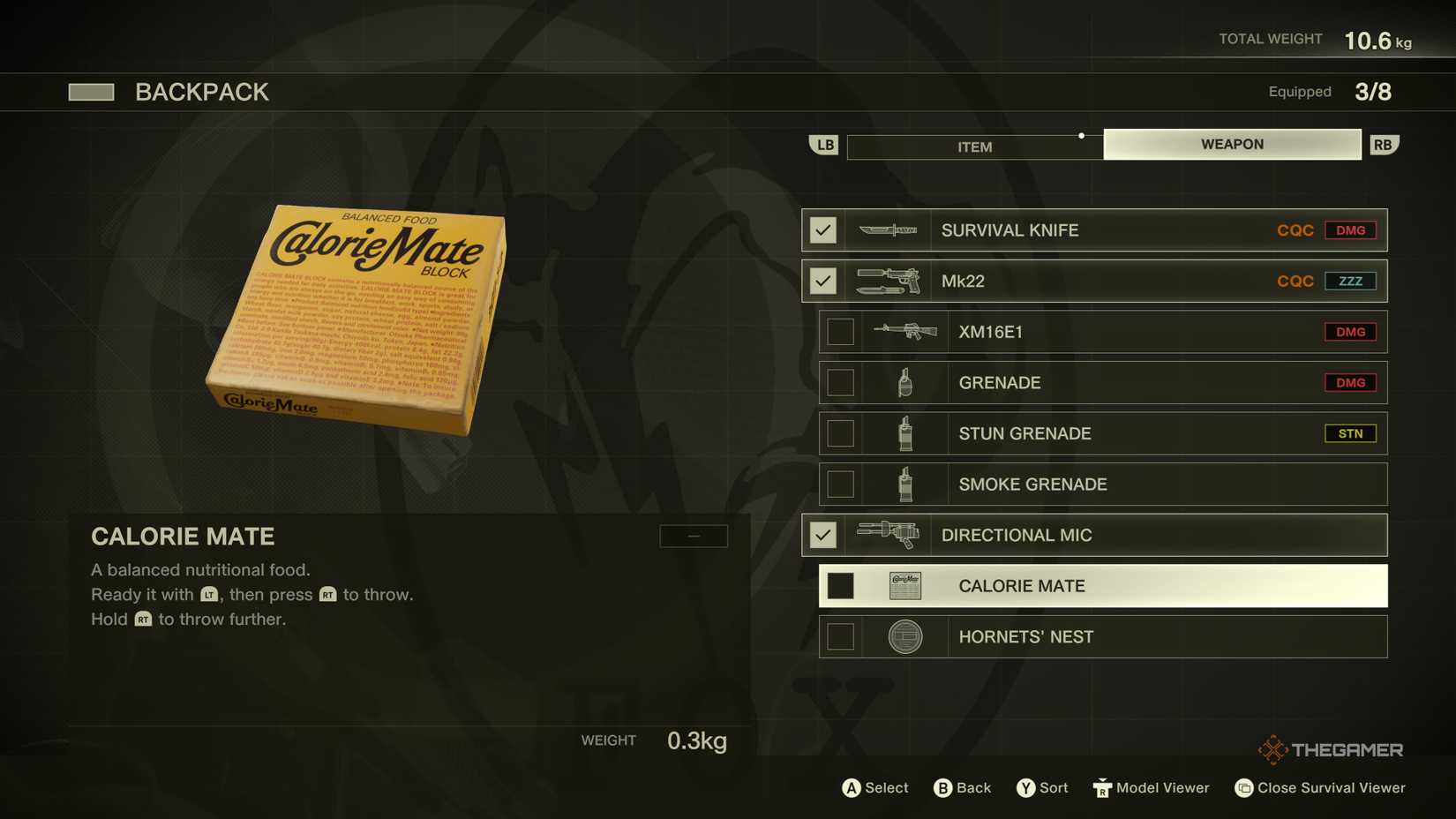 Calorie Mate in Naked Snake's Backpack, a nutritional food that replenishes all of his Stamina Gauge, in Metal Gear Solid Delta: Snake Eater.