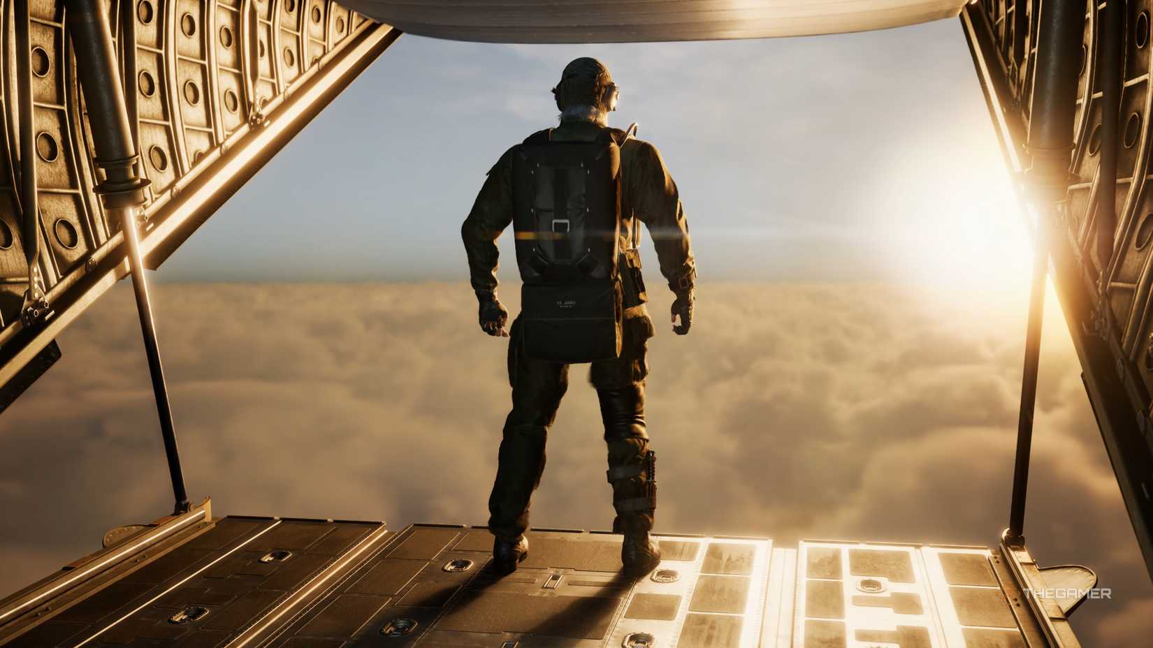 Naked Snake getting ready to parachute into Tselinoyarsk during a cutscene in Metal Gear Solid Delta: Snake Eater.