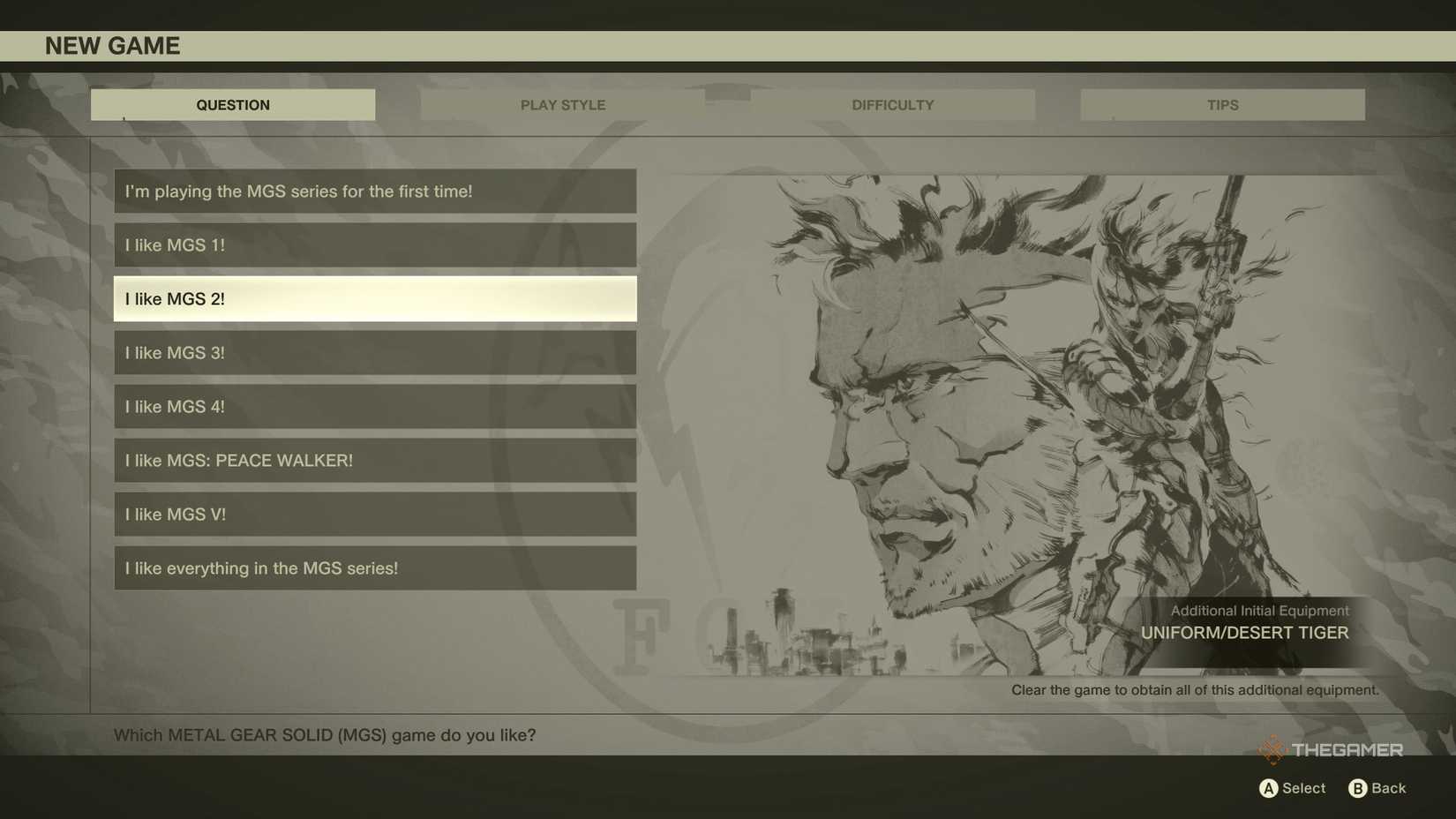 A Question asking 'Which METAL GEAR SOLID (MGS) game do you like?' with the 'I like MGS 2!' option highlighted, showcasing the Desert Tiger Uniform Camouflage as the reward for selecting that answer in Metal Gear Solid Delta: Snake Eater.