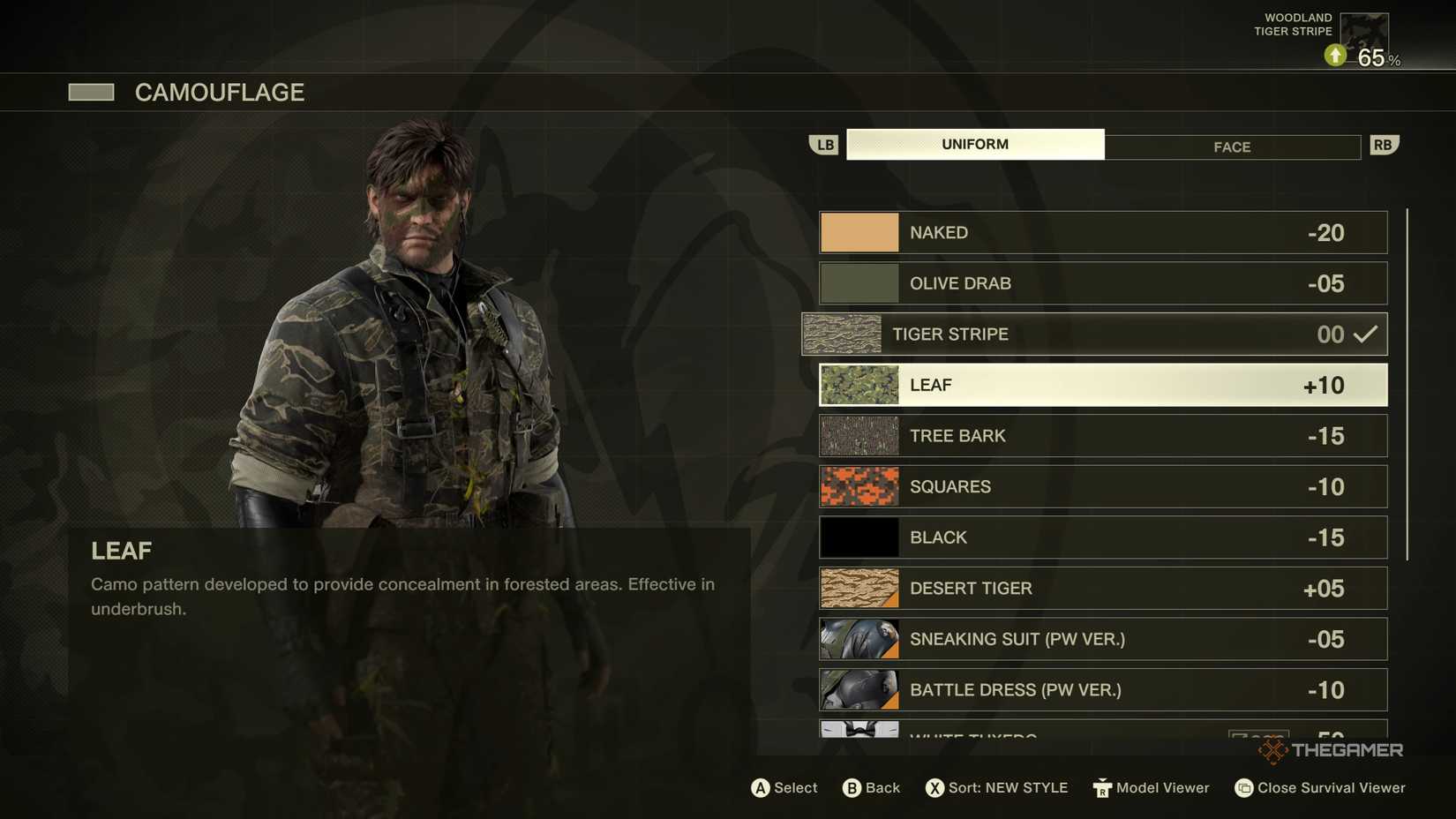 Naked Snake equipping the LEAF Uniform Camouflage, increasing his Camouflage Index by +10, in Metal Gear Solid Delta: Snake Eater.