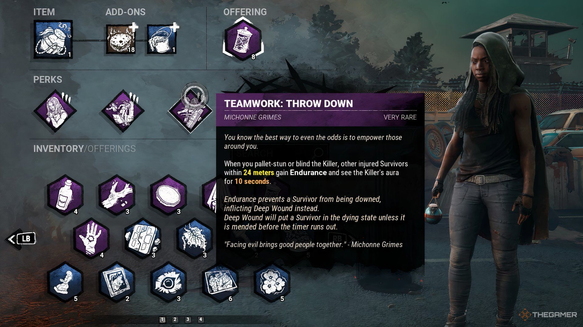 Michonne Grime Unique Perks in Dead By Daylight.