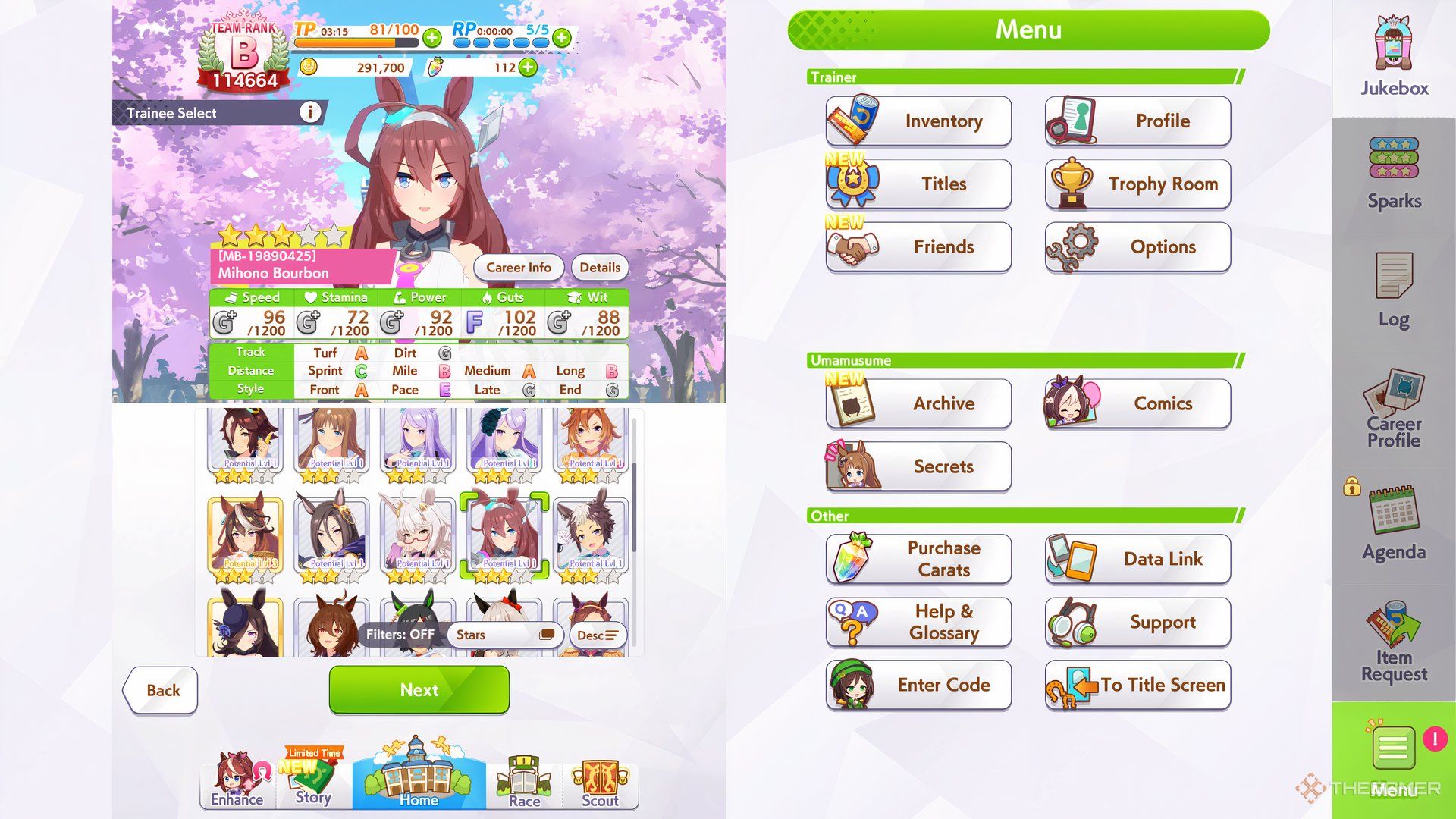 Mihono Bourbon is shown in character selection in Umamusume Pretty Derby.