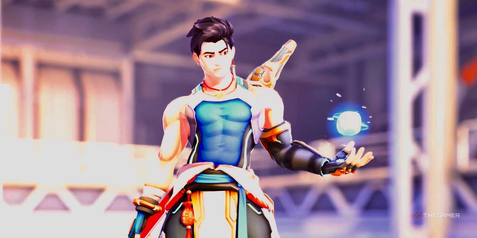 In game model of Wuyang holding a water orb in Overwatch 2.