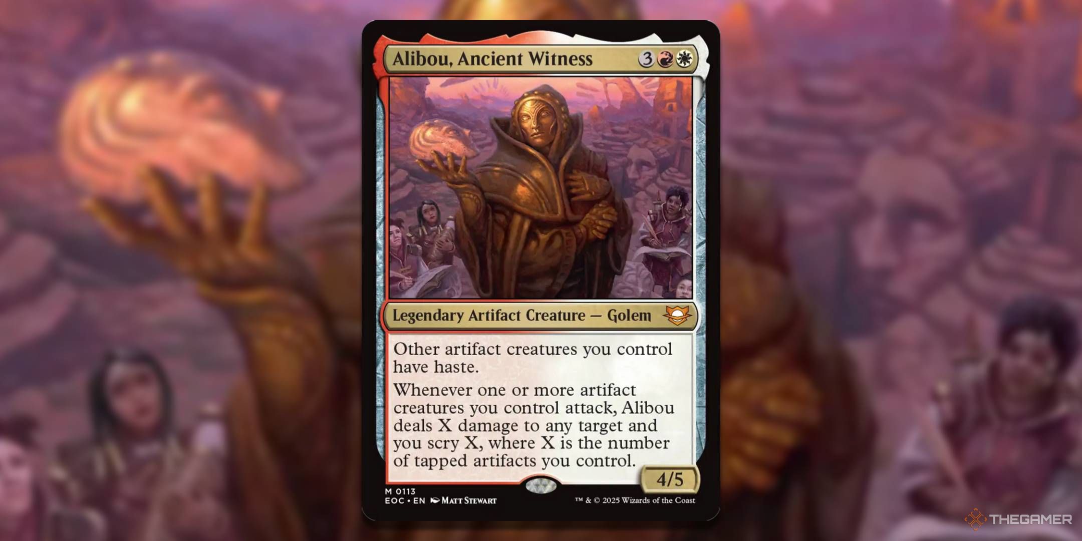 MTG Alibou, Ancient Witness card with the art in the background.