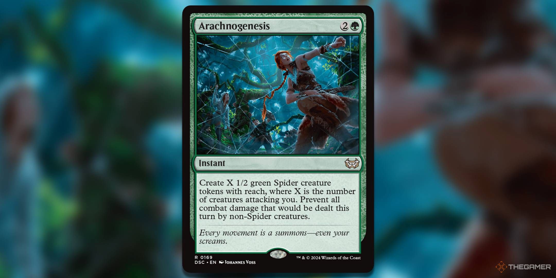 Image of Arachnogenesis card, from Magic: The Gathering's Duskmourn Commander set.