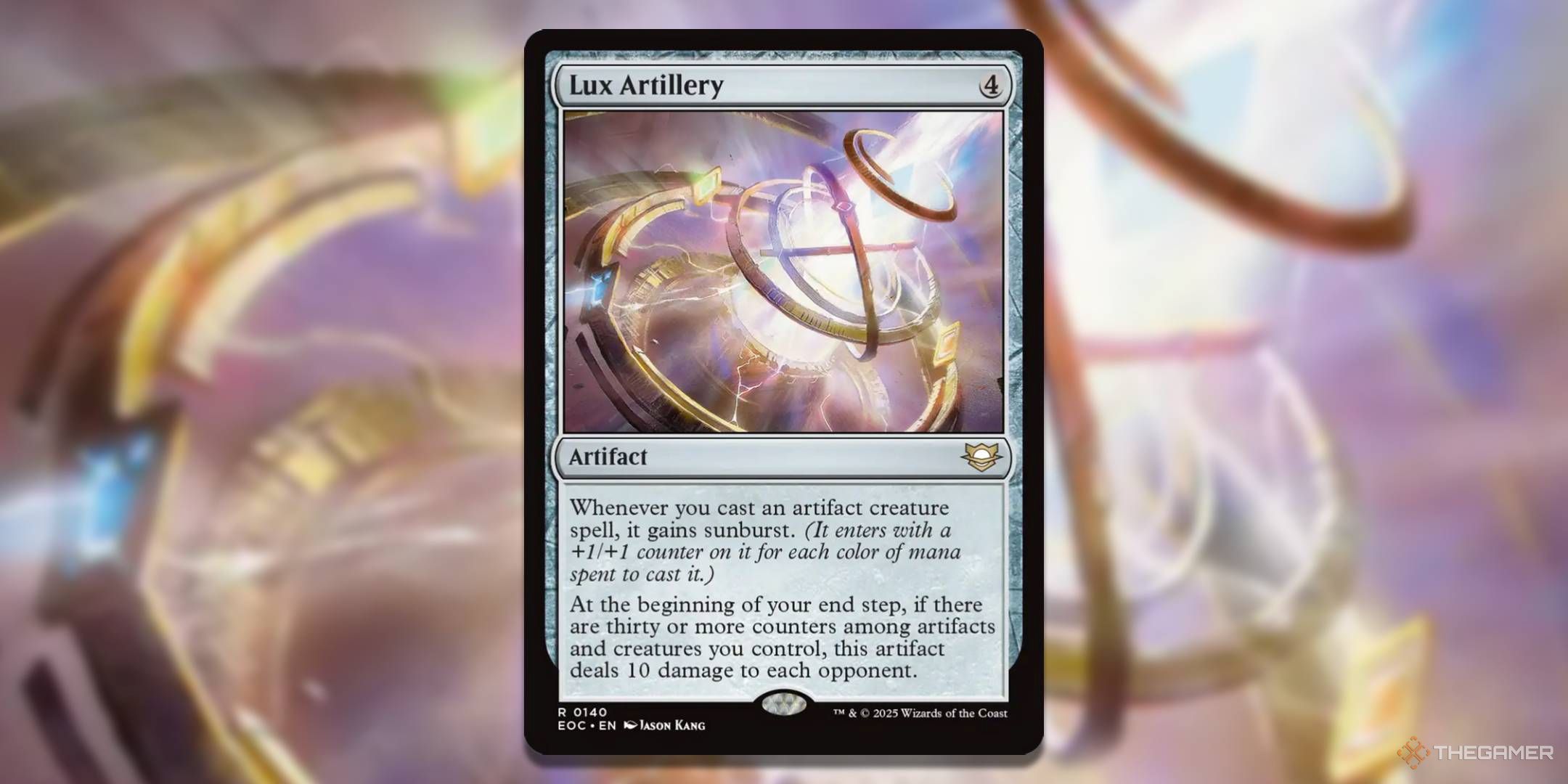 MTG Lux Artillery card with the art in the background.