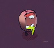 Close up of a severed head with legs, large teeth and green spit, in Guntouchables.