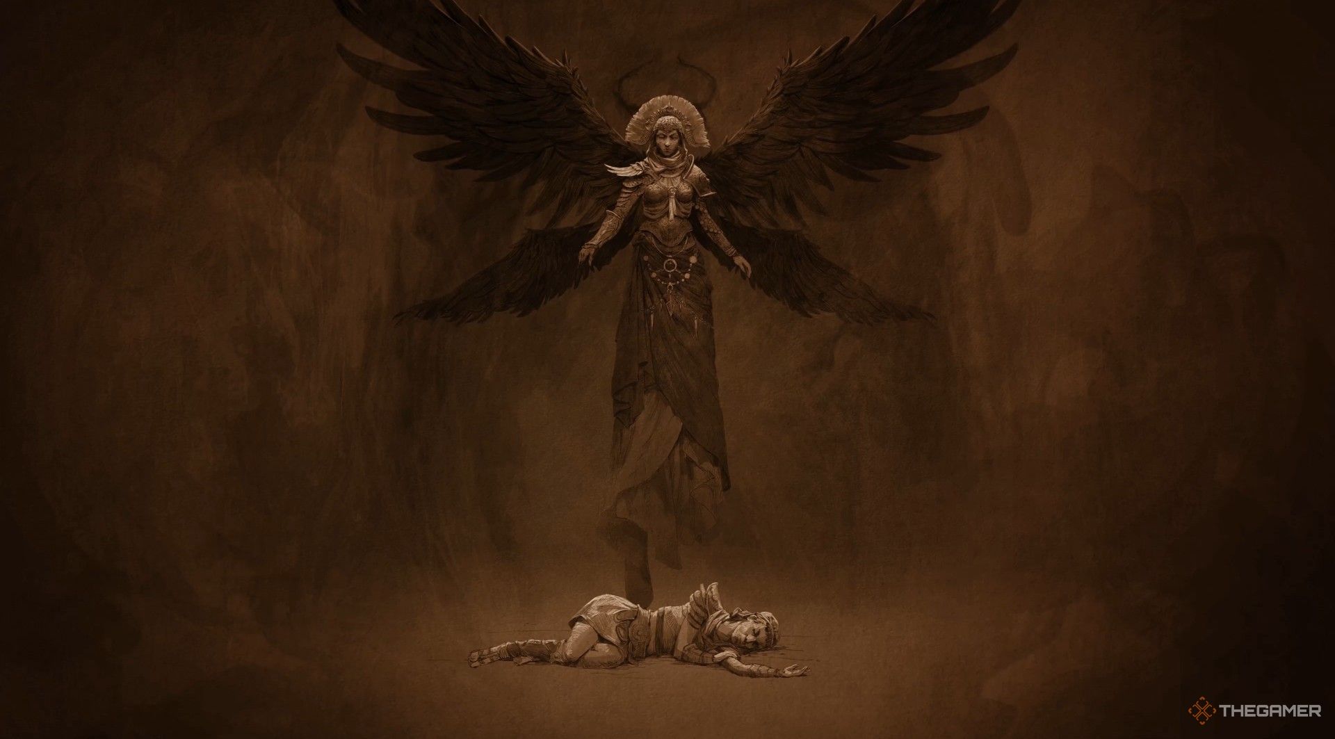 Nemesis flying over a slain Aristonoe in Titan Quest 2.