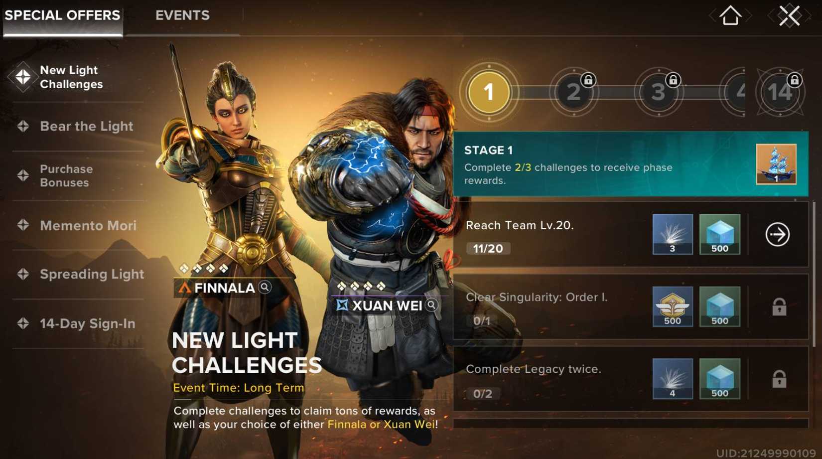 New Light Challenges menu.