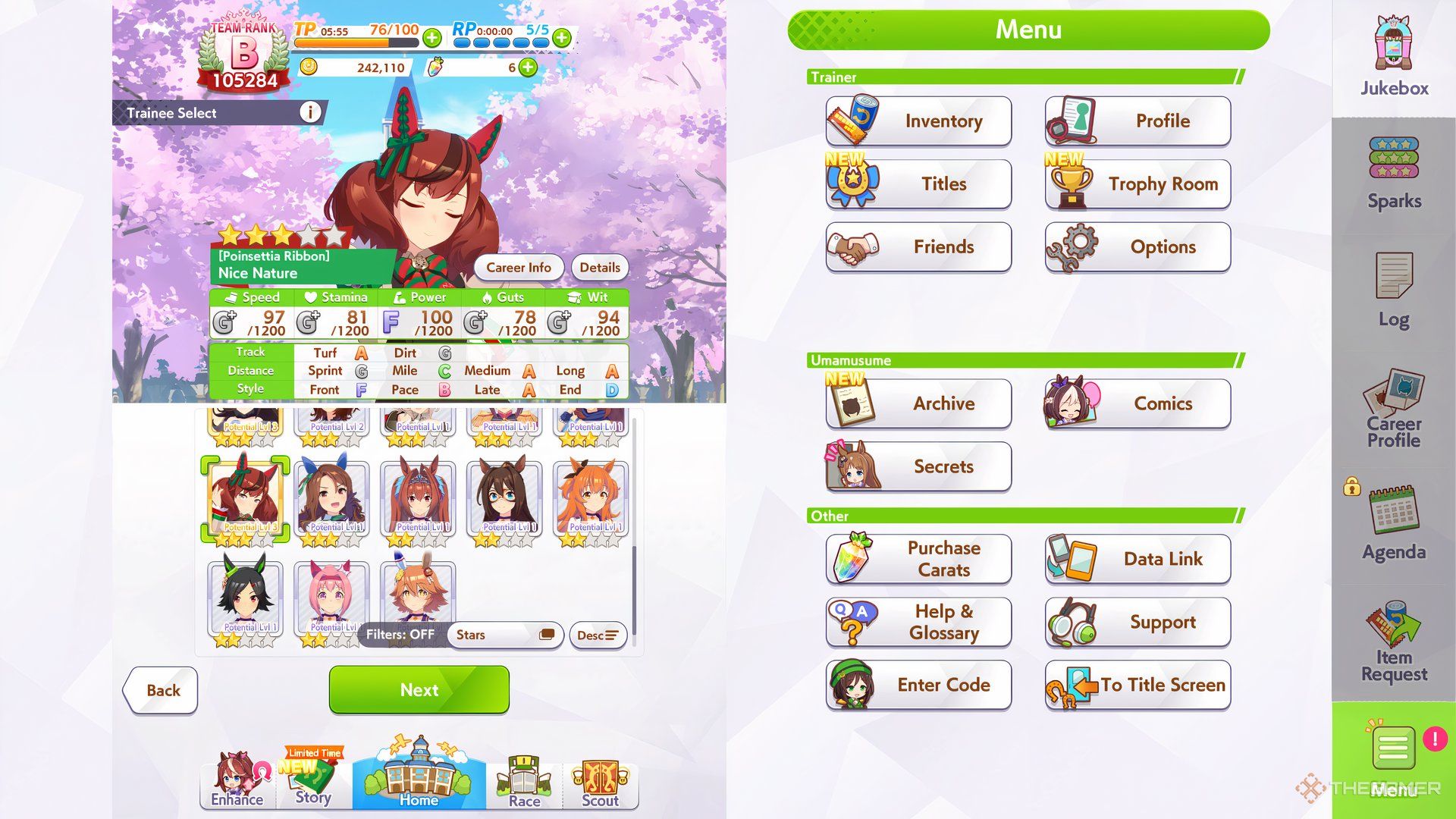 Nice Nature is shown in character selecter in Umamusume Pretty Derby.