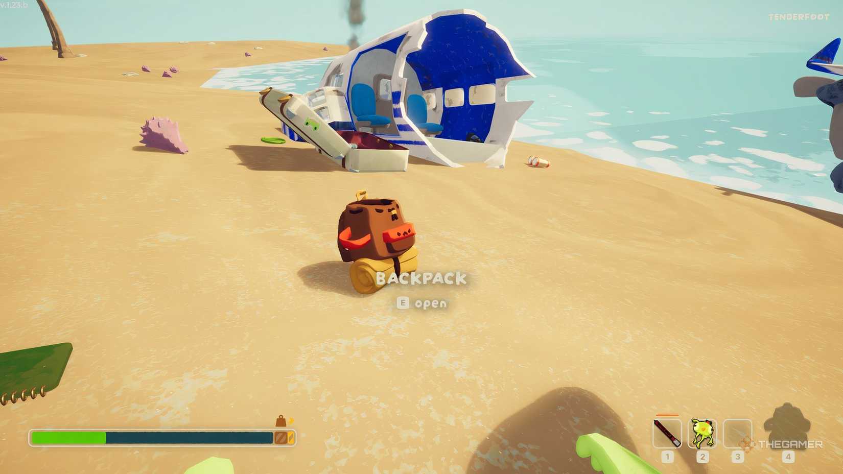 Peak wreckage and backpack in the Shore biome.