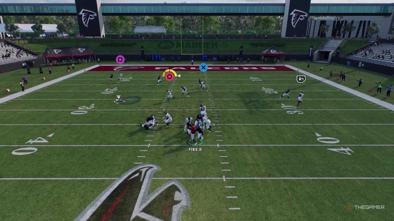 Penix Jr throws out of a sack in Madden NFL 26.