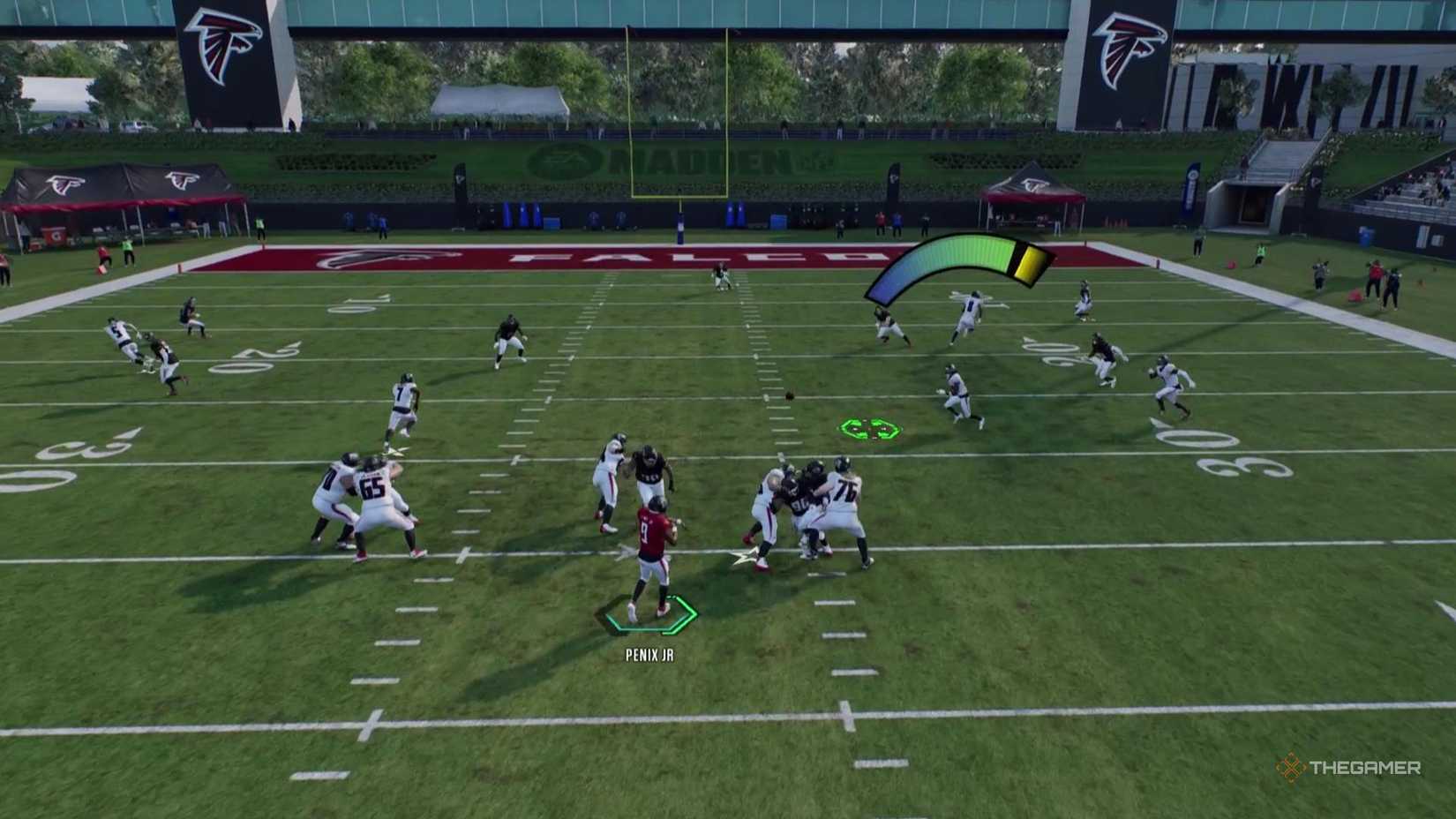 Penix Jr throws the ball to an open target in Madden NFL 26.