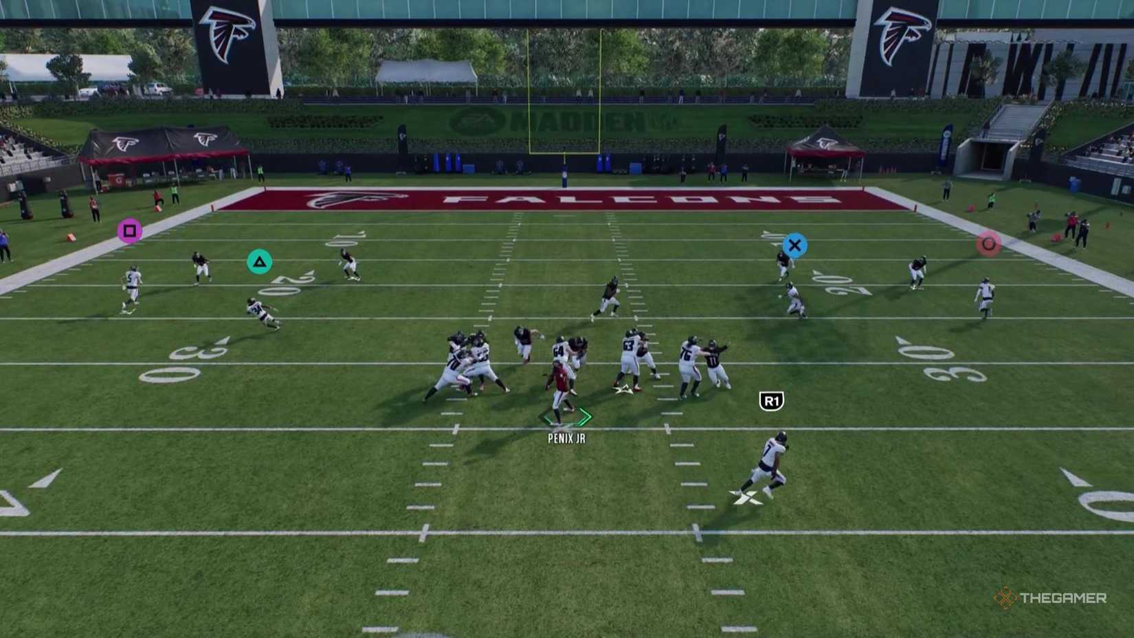 Penix Jr throws the ball to his running back in Madden NFL 26.