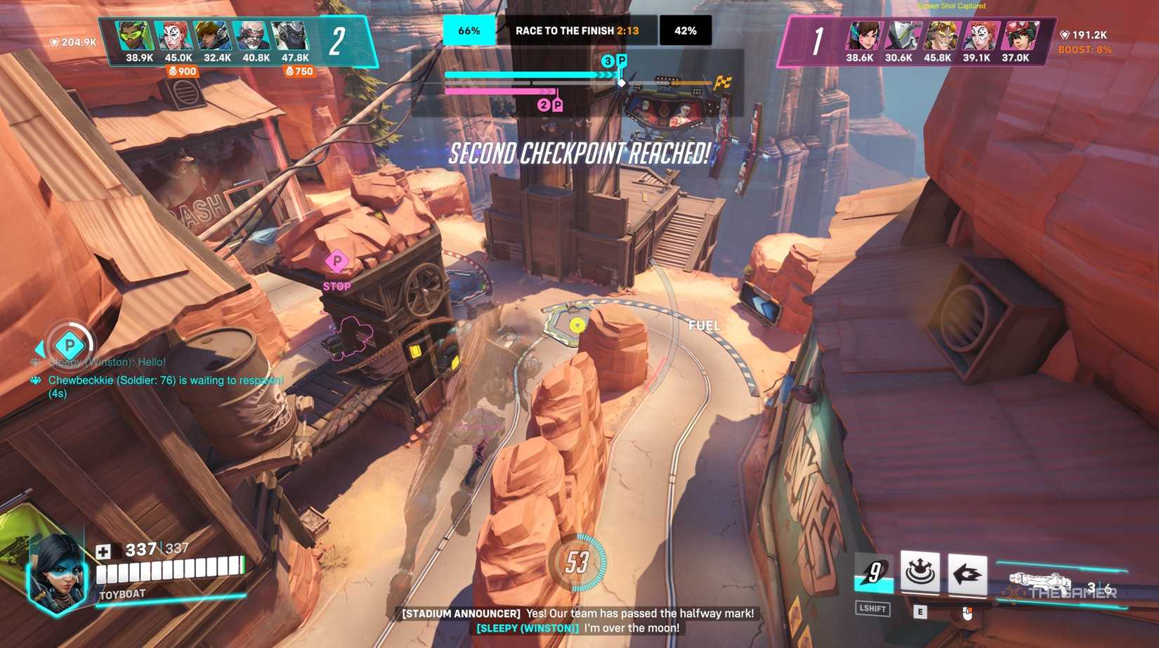 Pharah shooting enemies near the payload in Overwatch 2.