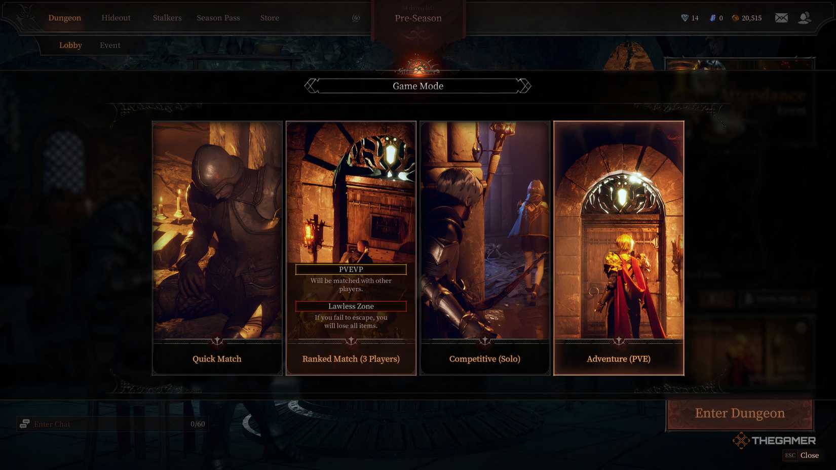 Ranked Match PVPVE risky gamemode screen in Dungeon Stalkers. 