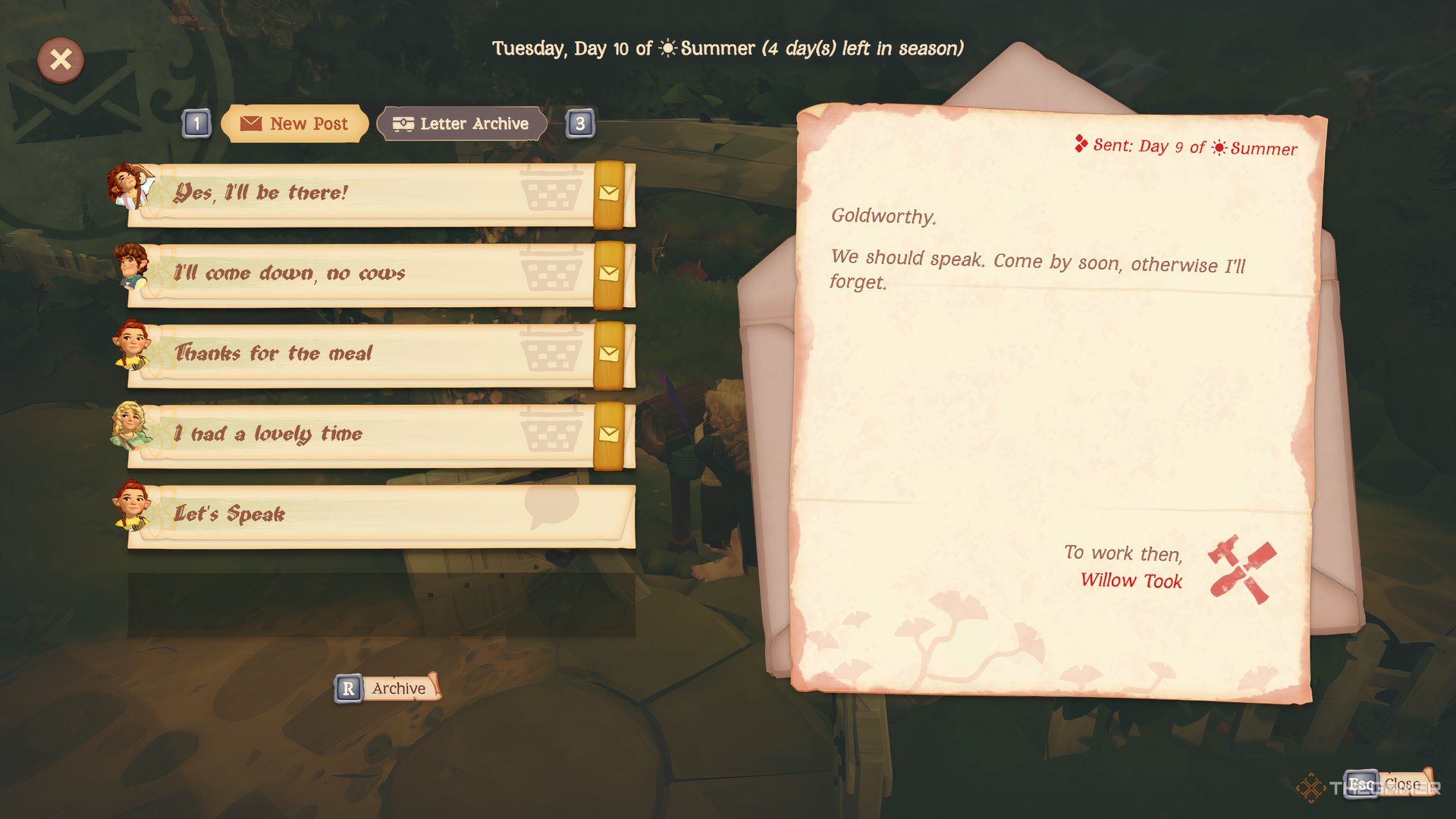 Willow's letter is shown in the postbox in Tales of the Shire.