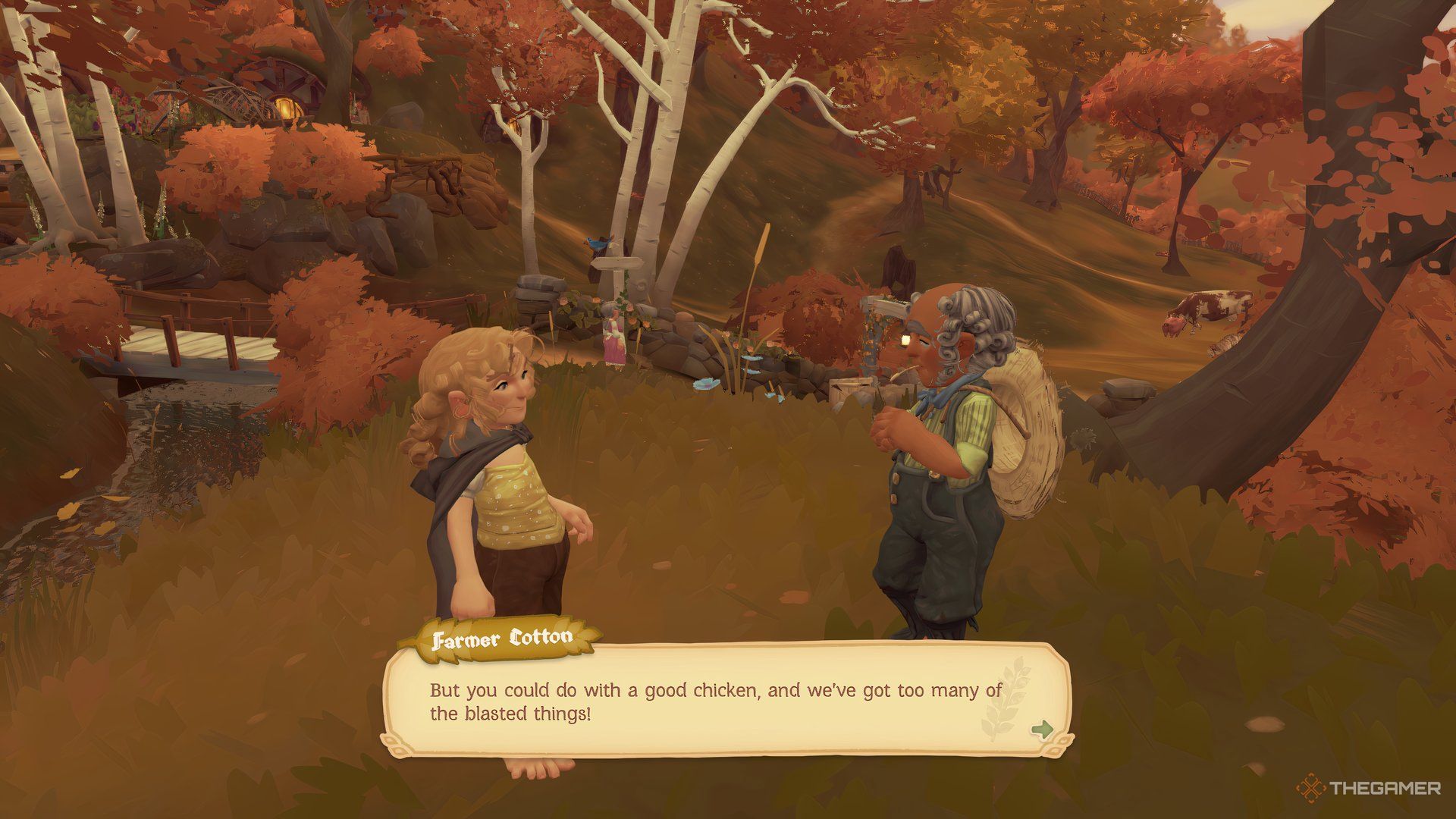 The player is talking to Farmer Cotton regarding chickens in Tales of the Shire.
