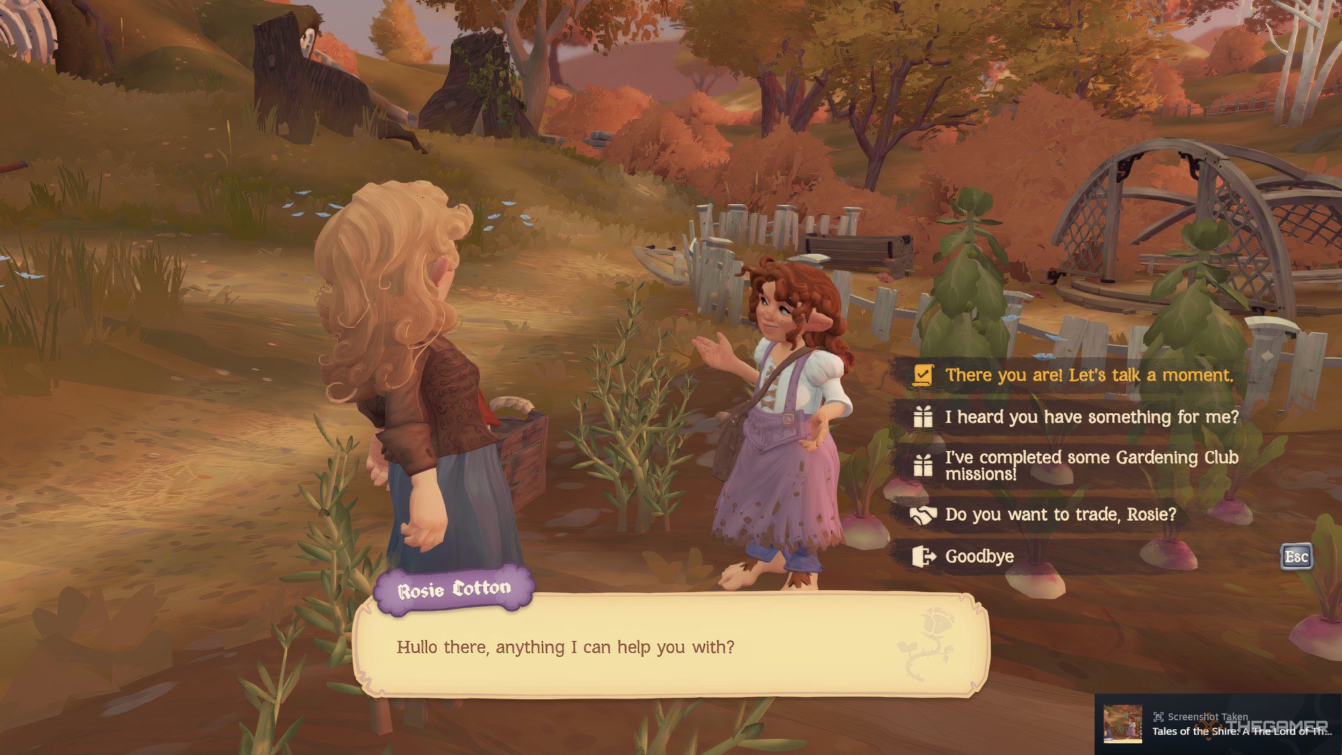 The player is talking to Rosie Cotton regarding gardening club missions in Tales of the Shire.