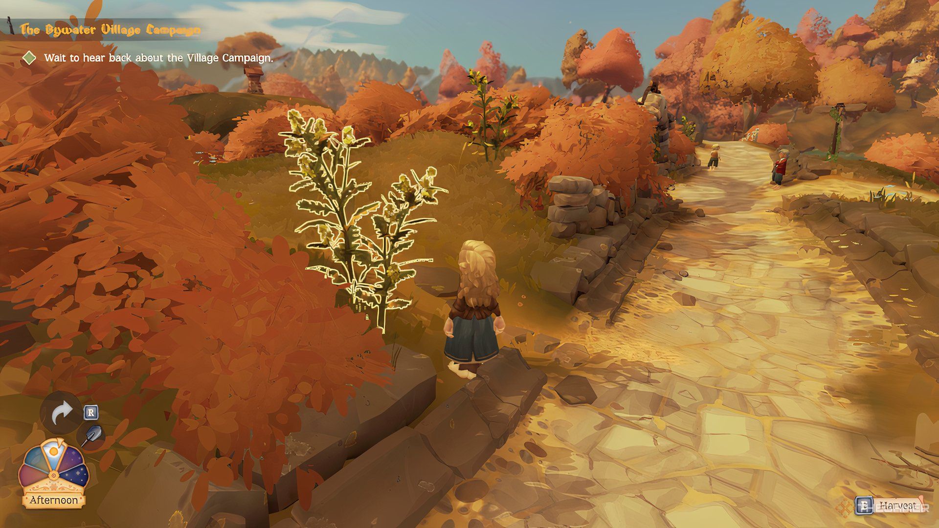 The player is harvesting a tall forageable plant in Tales of the Shire.
