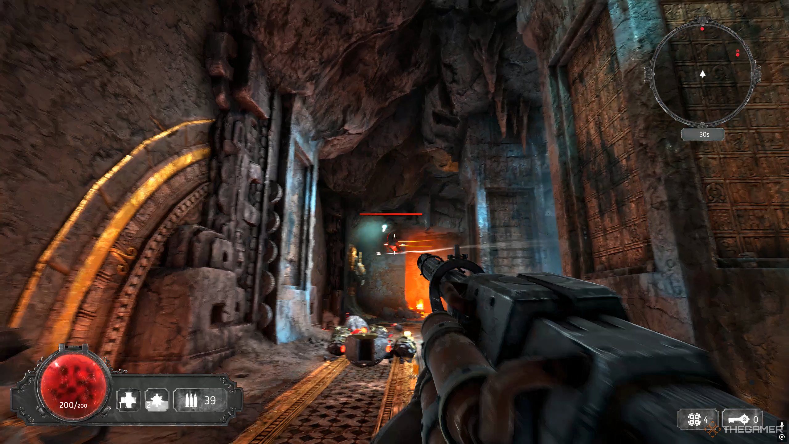 A player shoots flying stone golems in Abyssus.