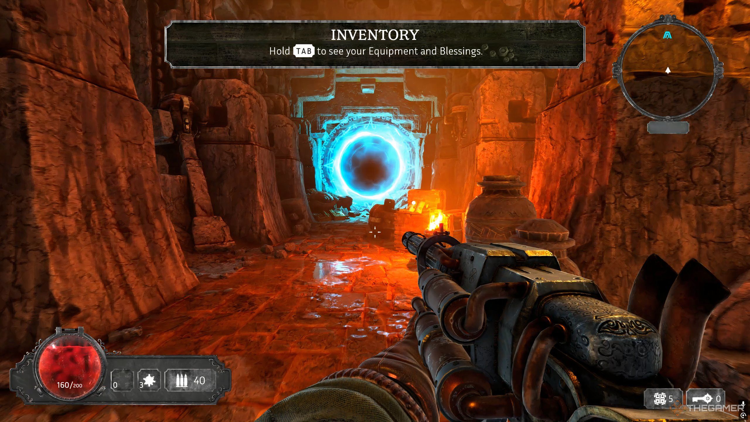 A player moves toward a blue glowing portal in Abyssus.