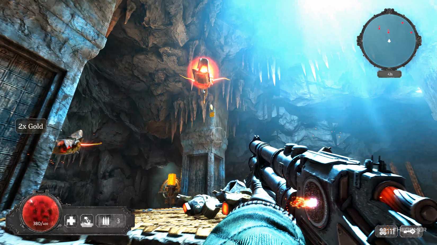 A player looking at a flying enemy in Abyssus.