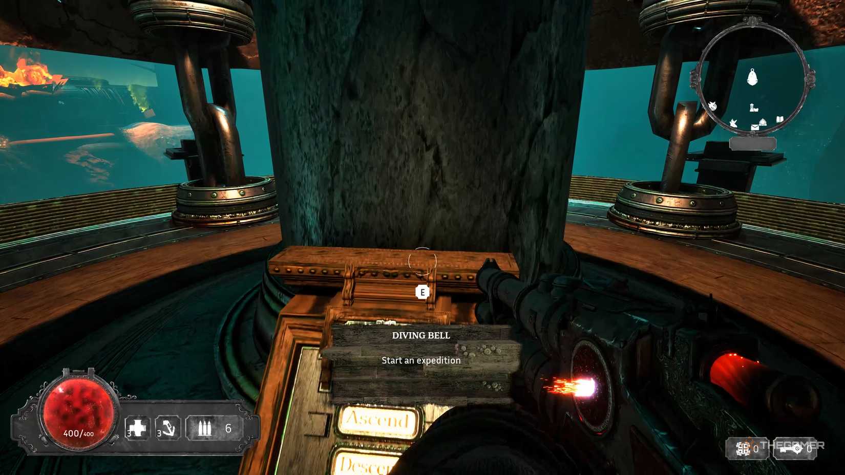 A player wielding a shotgun beginning a diving expedition in Abyssus.