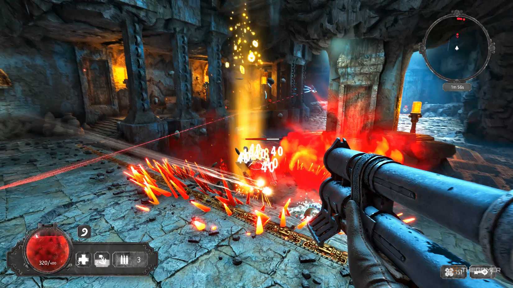 A player firing at an enemy in the Abandoned Temple in Abyssus.