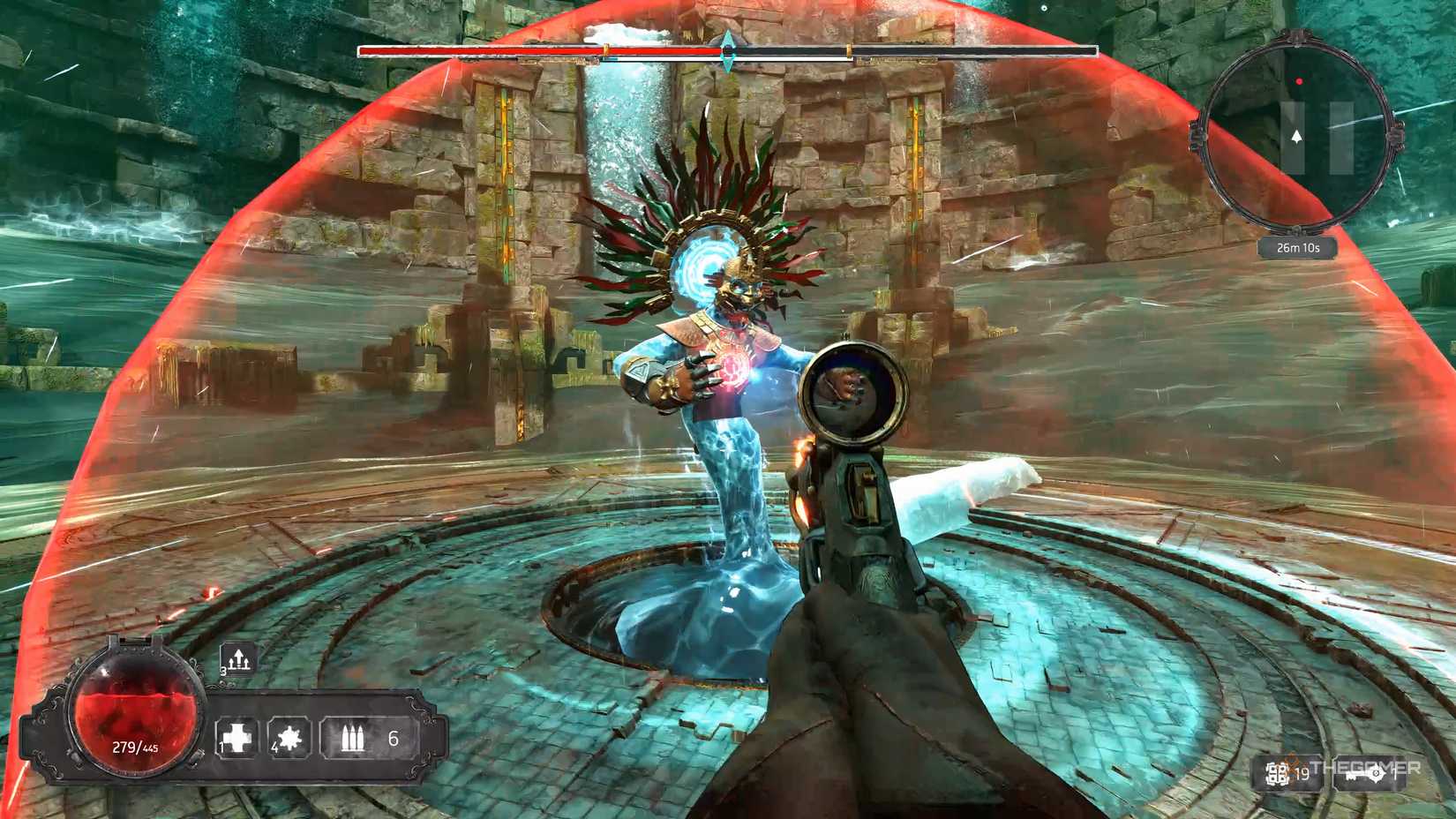 A red glowing orb surrounding the Gardens Boss in Abyssus.