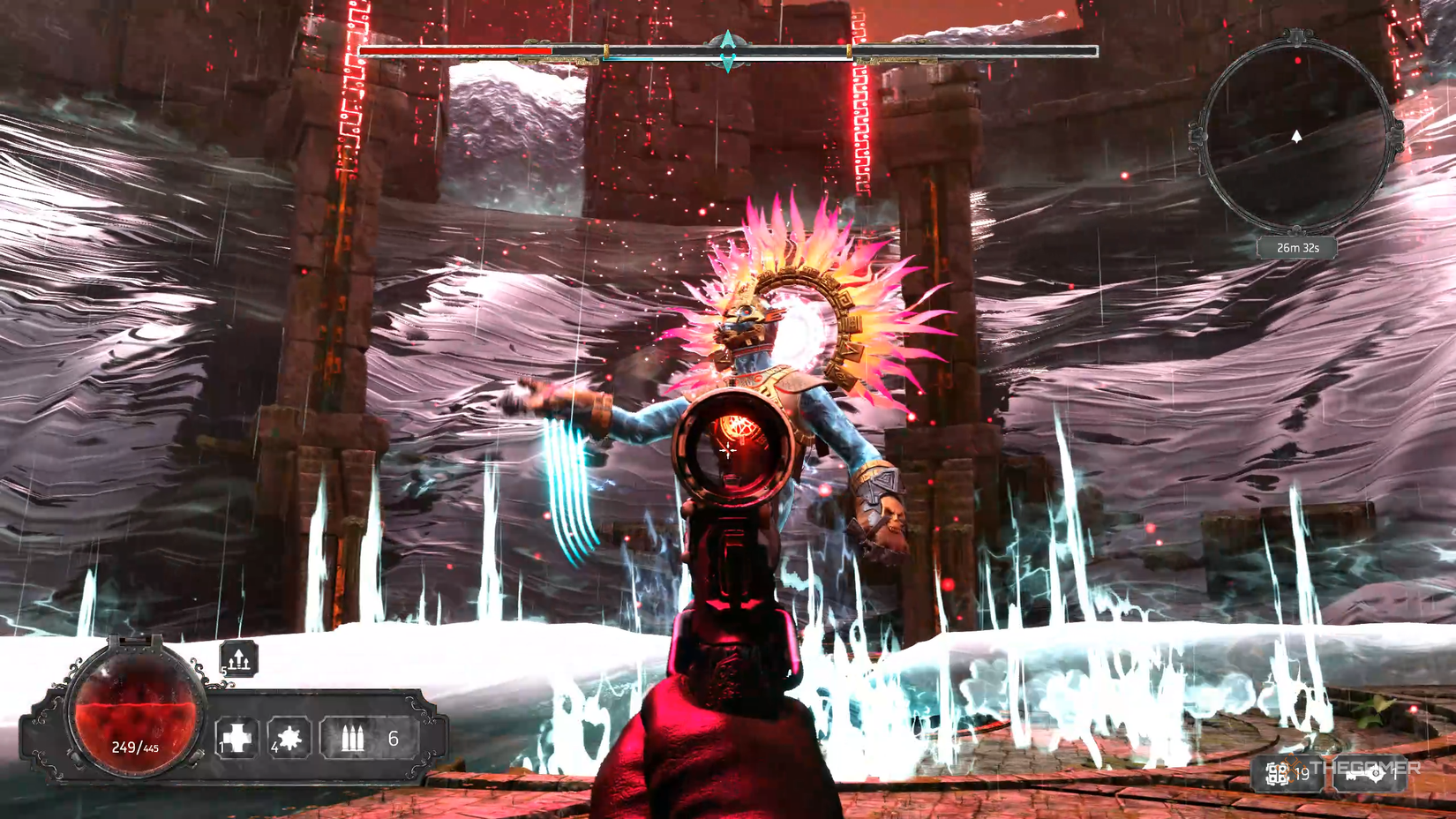 The final phase of the Gardens Boss fight in Abyssus, the stadium glows red.