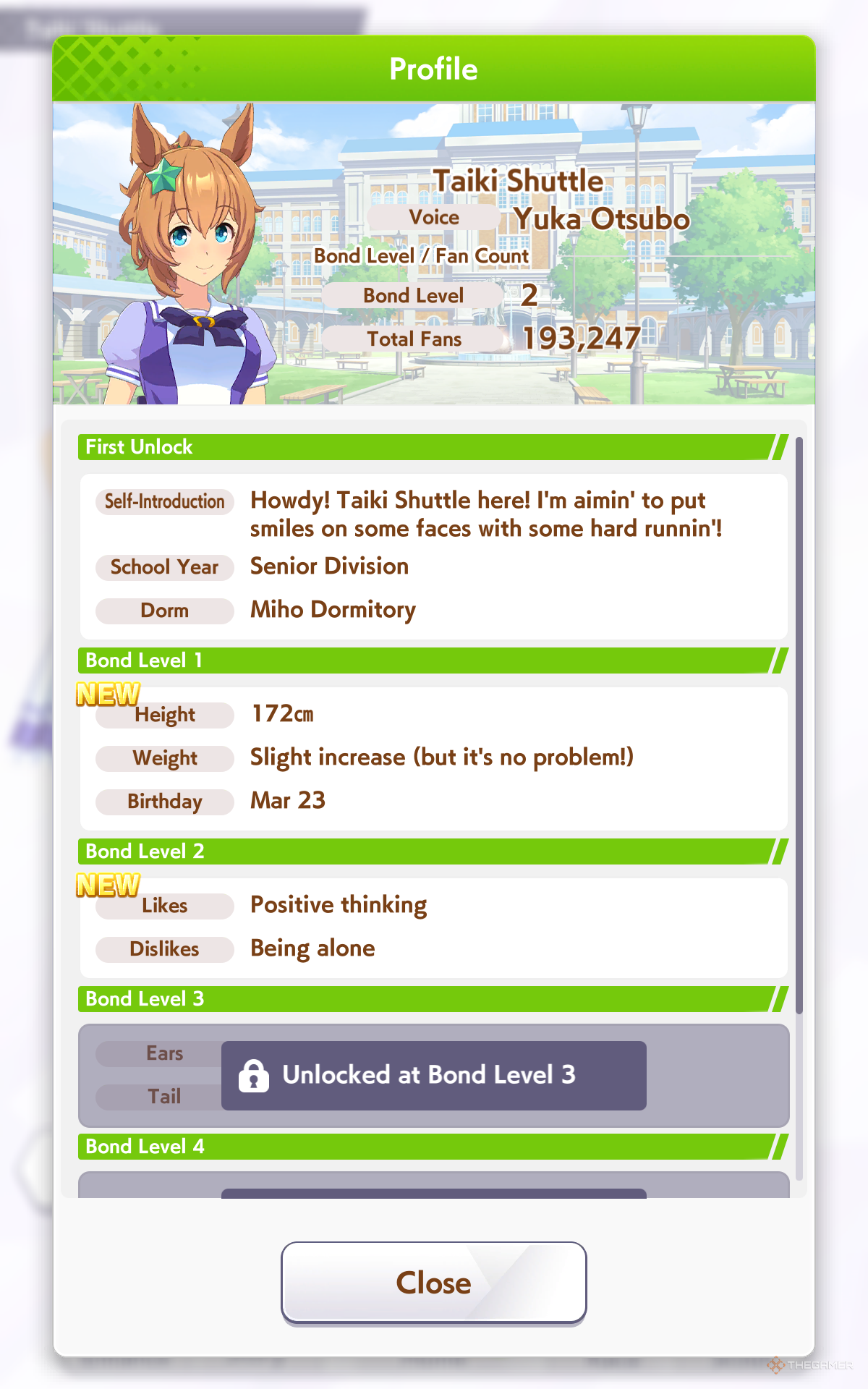 Profile view for Taiki Shuttle, showing different information that can be unlocked via Bond in Umamusume: Pretty Derby.