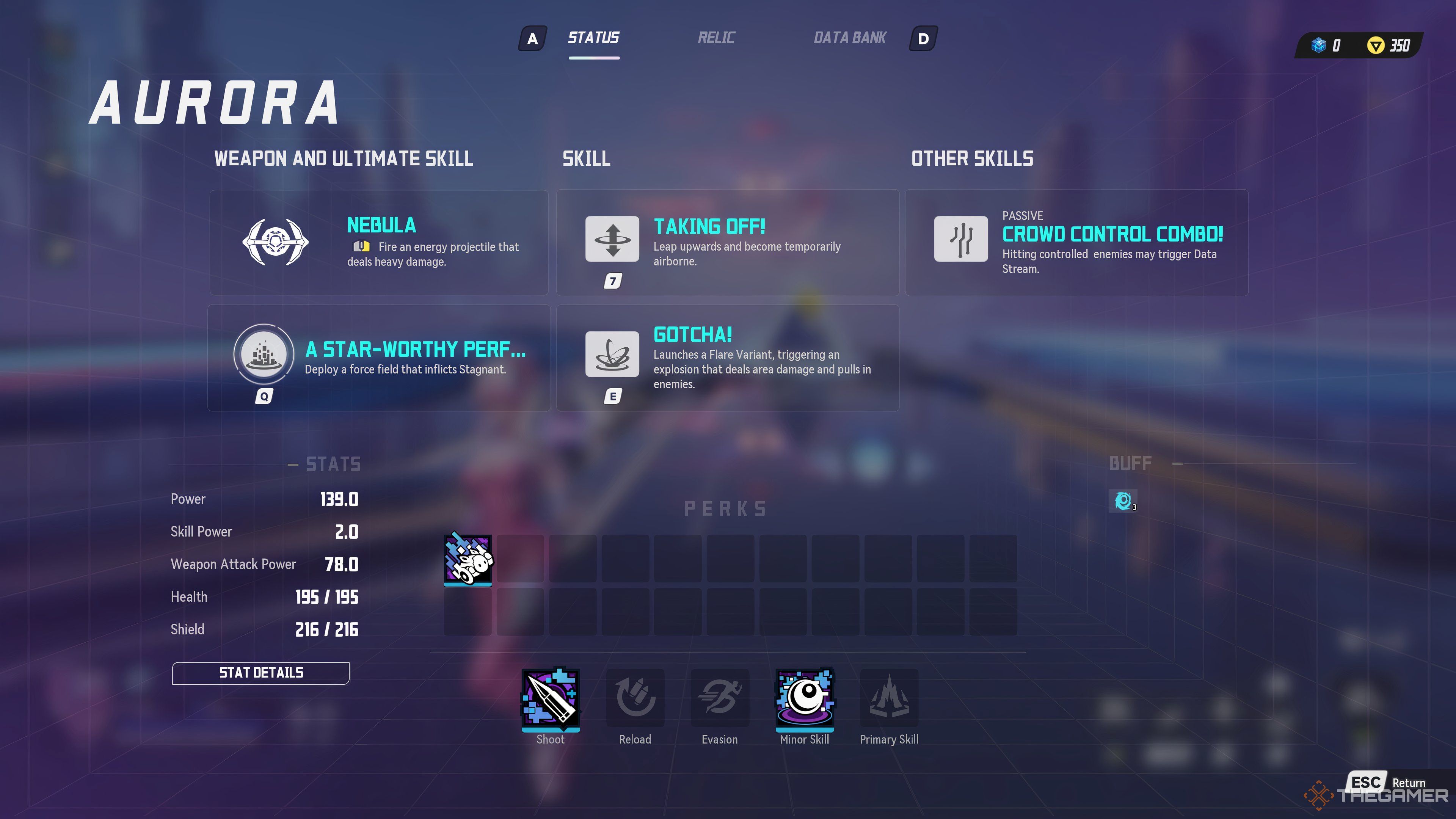Skill Screen on Aurora's Rogueteer page in Terminull Brigade.
