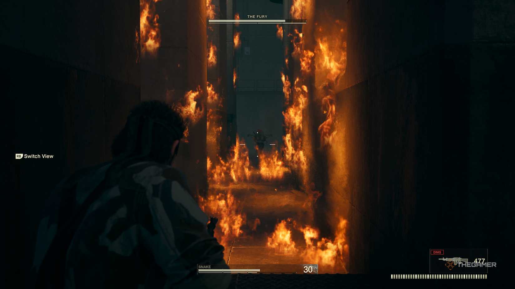 Snake aiming at The Fury during the boss battle in Metal Gear Solid Delta: Snake Eater.